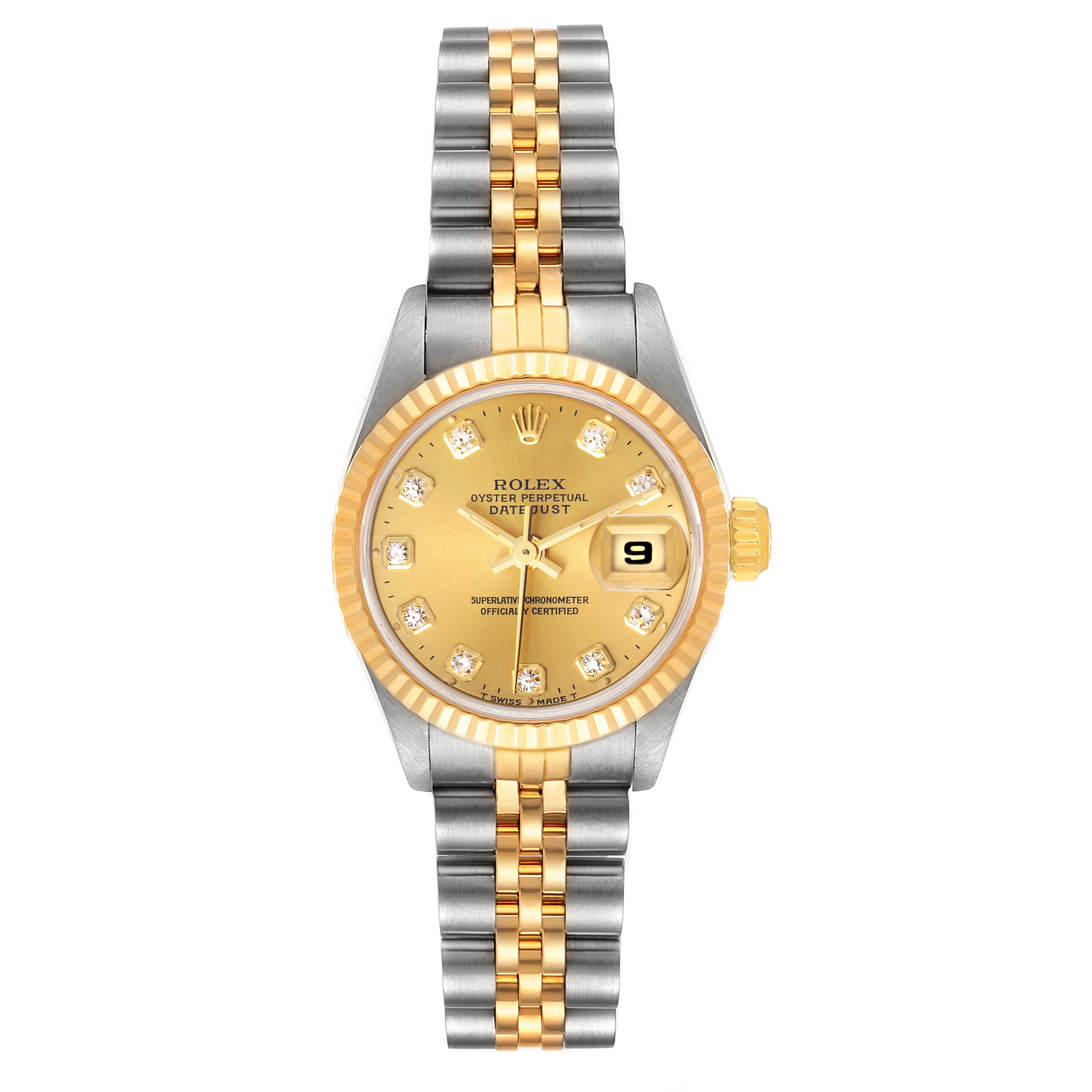 The image shows a front view of the Rolex Datejust 69173 Women
s Steel and Gold (two tone) Champagne Dial 69173 Women
s Steel and Gold (two tone) Champagne Dial watch, featuring a gold dial, diamond markers, and a two-tone bracelet.