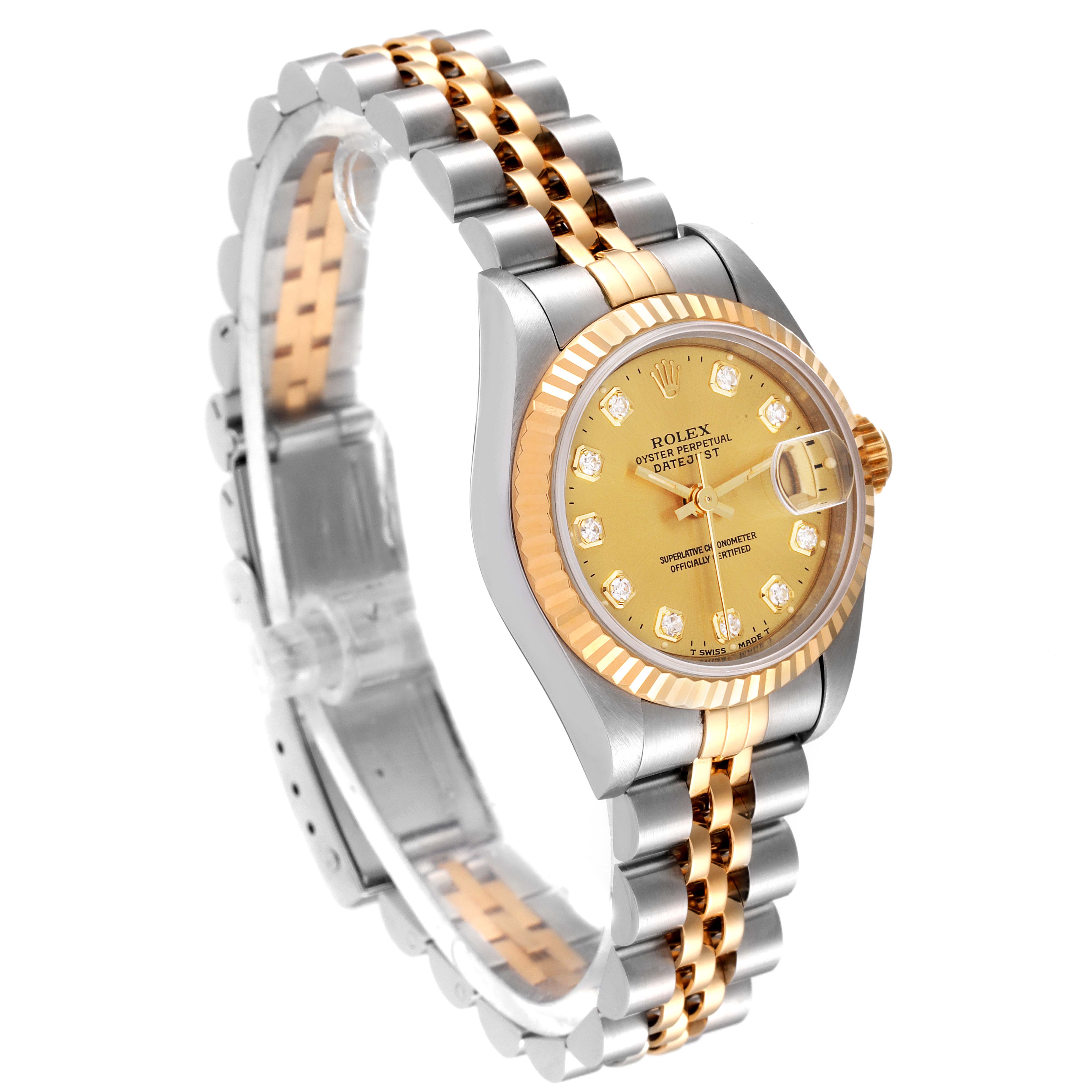 This image shows a side-view angle of a Rolex Datejust 69173 Women
s Steel and Gold (two tone) Champagne Dial 69173 Women
s Steel and Gold (two tone) Champagne Dial model, highlighting its gold and silver bracelet and dial.