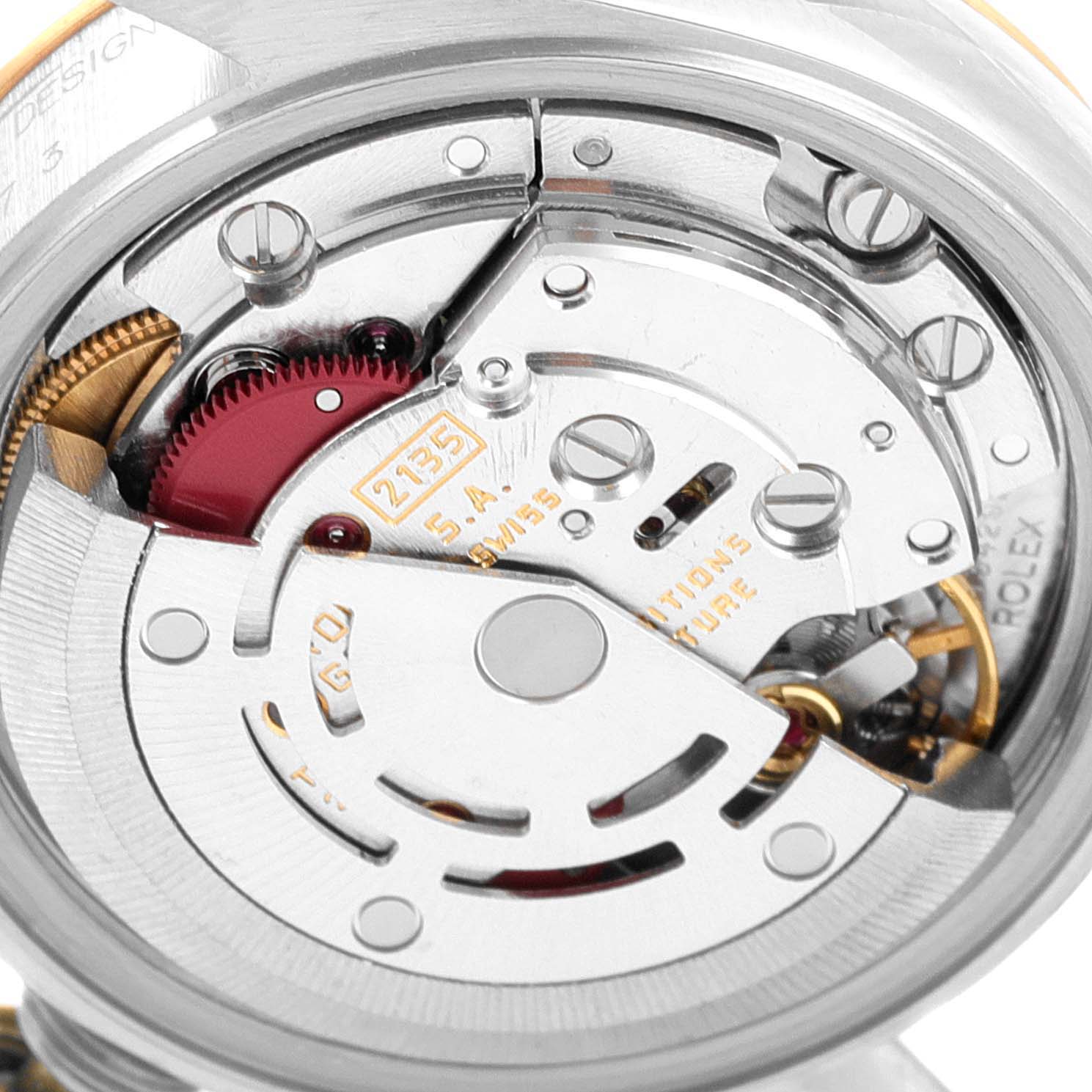 This image shows a close-up view of the movement and internal mechanisms of a Rolex Datejust 69173 Women
s Steel and Gold (two tone) Champagne Dial 69173 Women
s Steel and Gold (two tone) Champagne Dial watch.