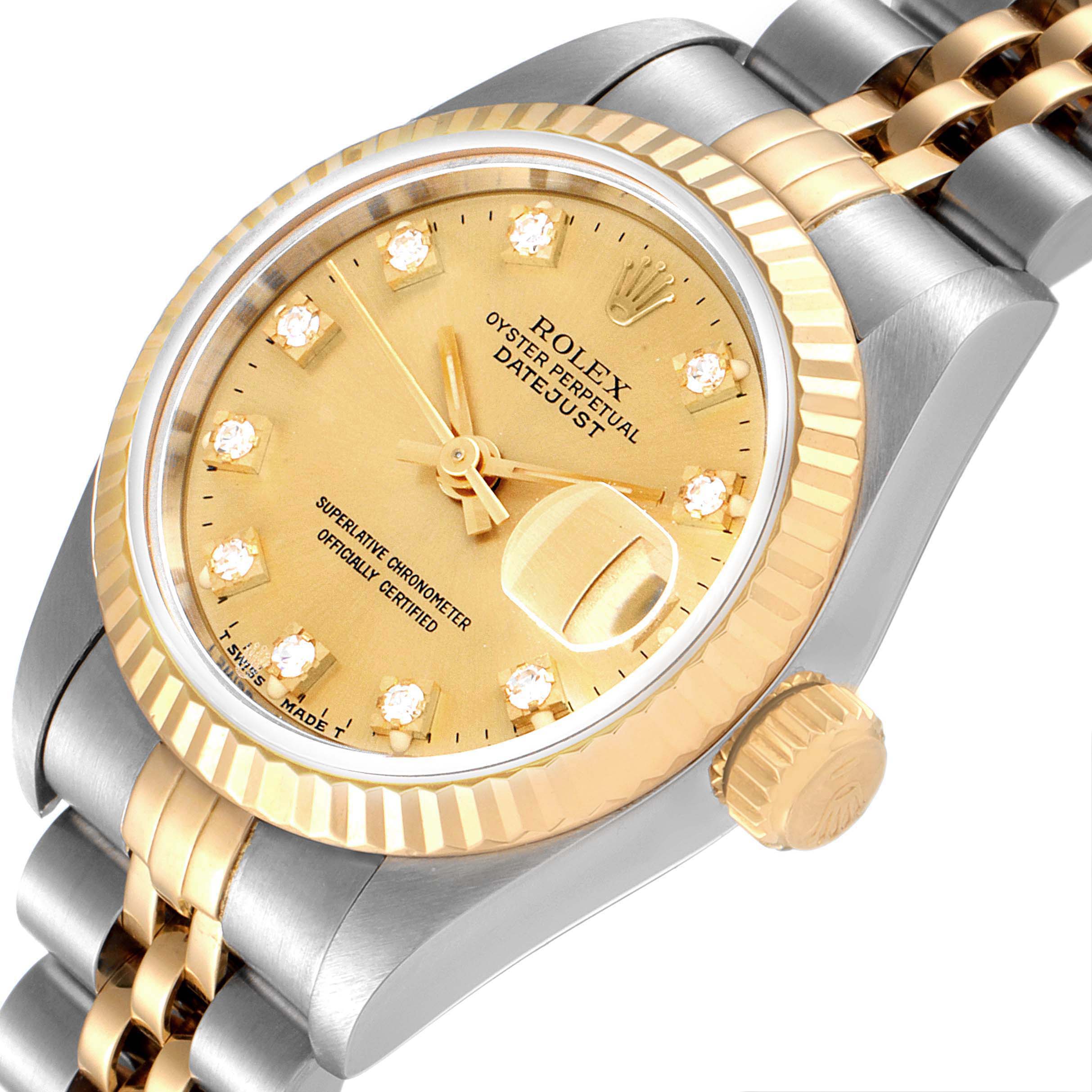 This Rolex Datejust 69173 Women
s Steel and Gold (two tone) Champagne Dial 69173 Women
s Steel and Gold (two tone) Champagne Dial wristwatch is shown at an angled close-up, highlighting the face, bezel, crown, and part of the bracelet.