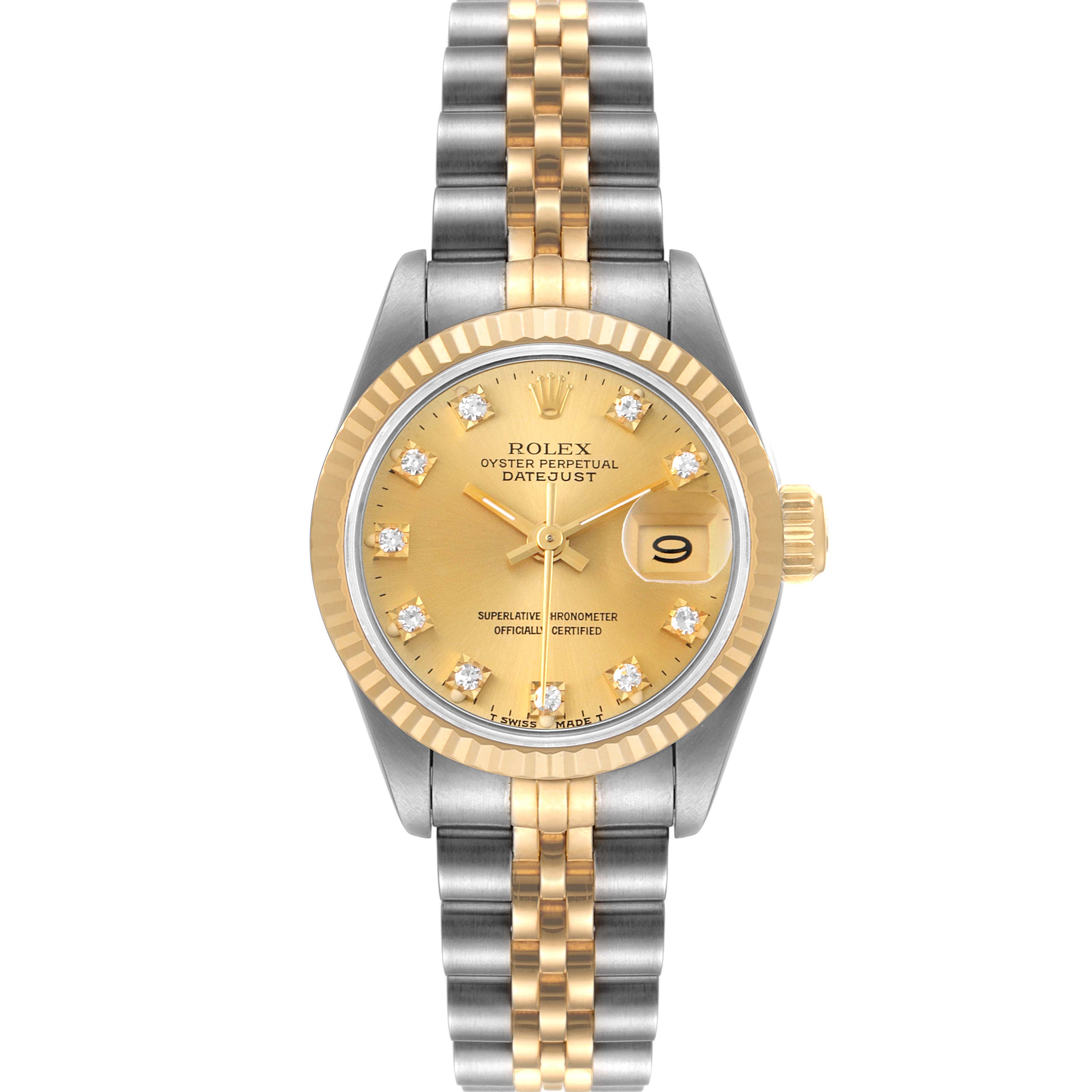 The image shows a Rolex Datejust 69173 Women
s Steel and Gold (two tone) Champagne Dial 69173 Women
s Steel and Gold (two tone) Champagne Dial watch with a gold dial, diamond hour markers, fluted bezel, and a two-tone Jubilee bracelet from a front angle.