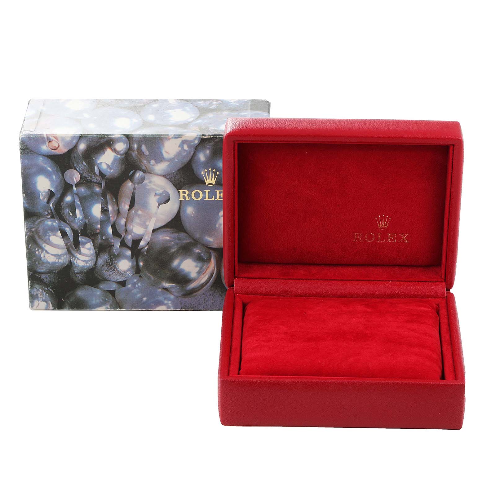 The image shows a Rolex Datejust 69173 Women
s Steel and Gold (two tone) Champagne Dial 69173 Women
s Steel and Gold (two tone) Champagne Dial watch box with a red interior and an outer box featuring a bubble design.