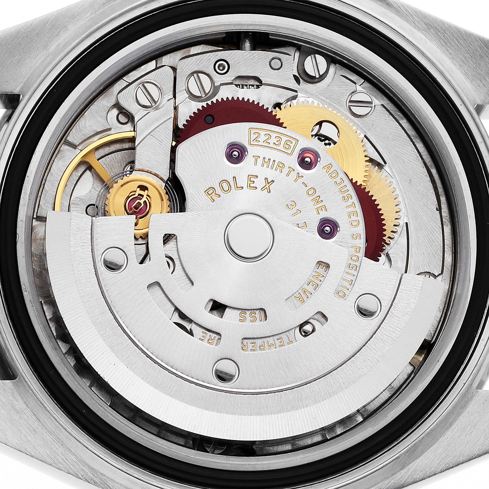 The image shows a close-up view of the movement inside a Rolex Datejust 279174 Women's Stainless Steel Grey Dial 279174 Women's Stainless Steel Grey Dial watch.