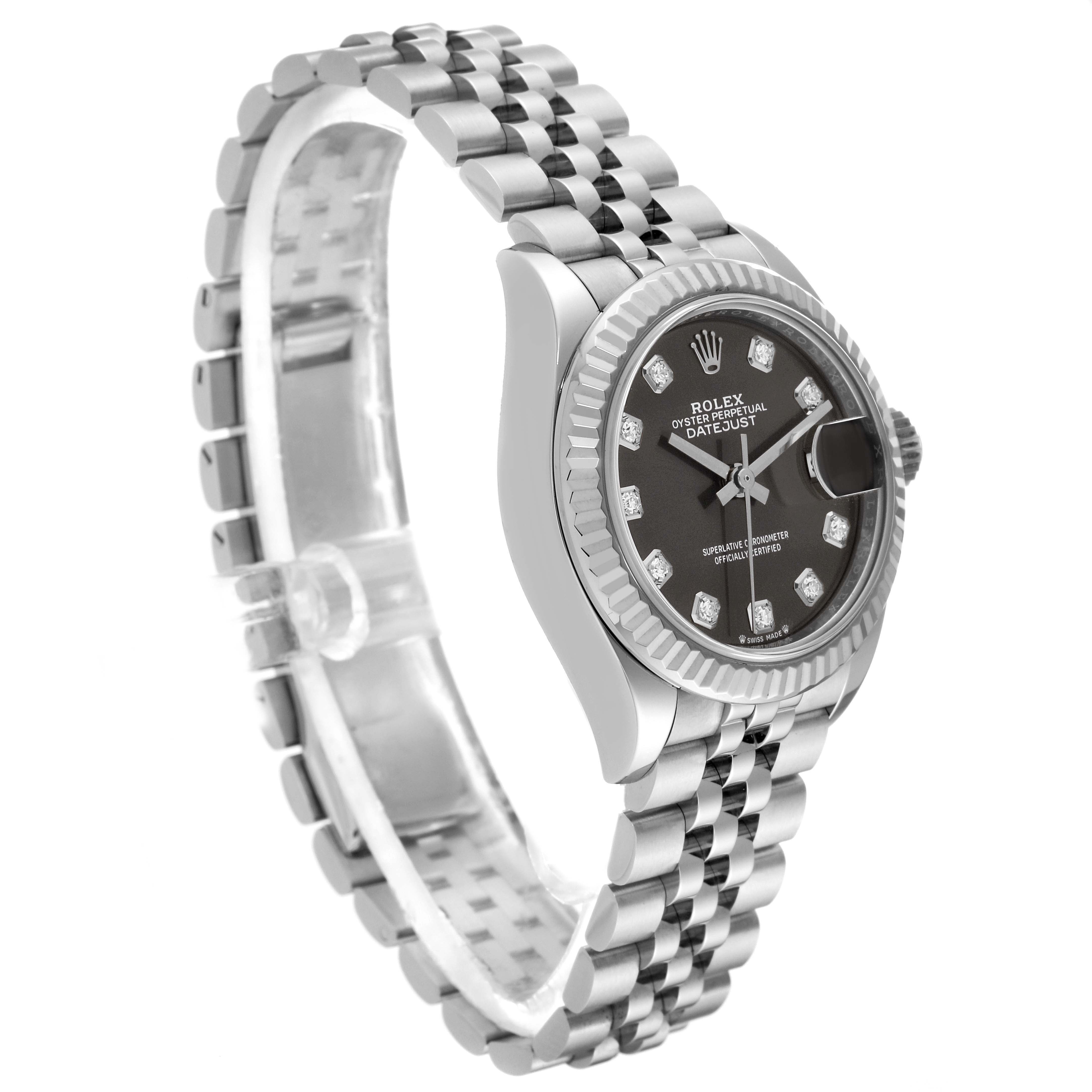 This image shows a Rolex Datejust 279174 Women's Stainless Steel Grey Dial 279174 Women's Stainless Steel Grey Dial watch at a slight angle, highlighting its dial, bezel, and bracelet.