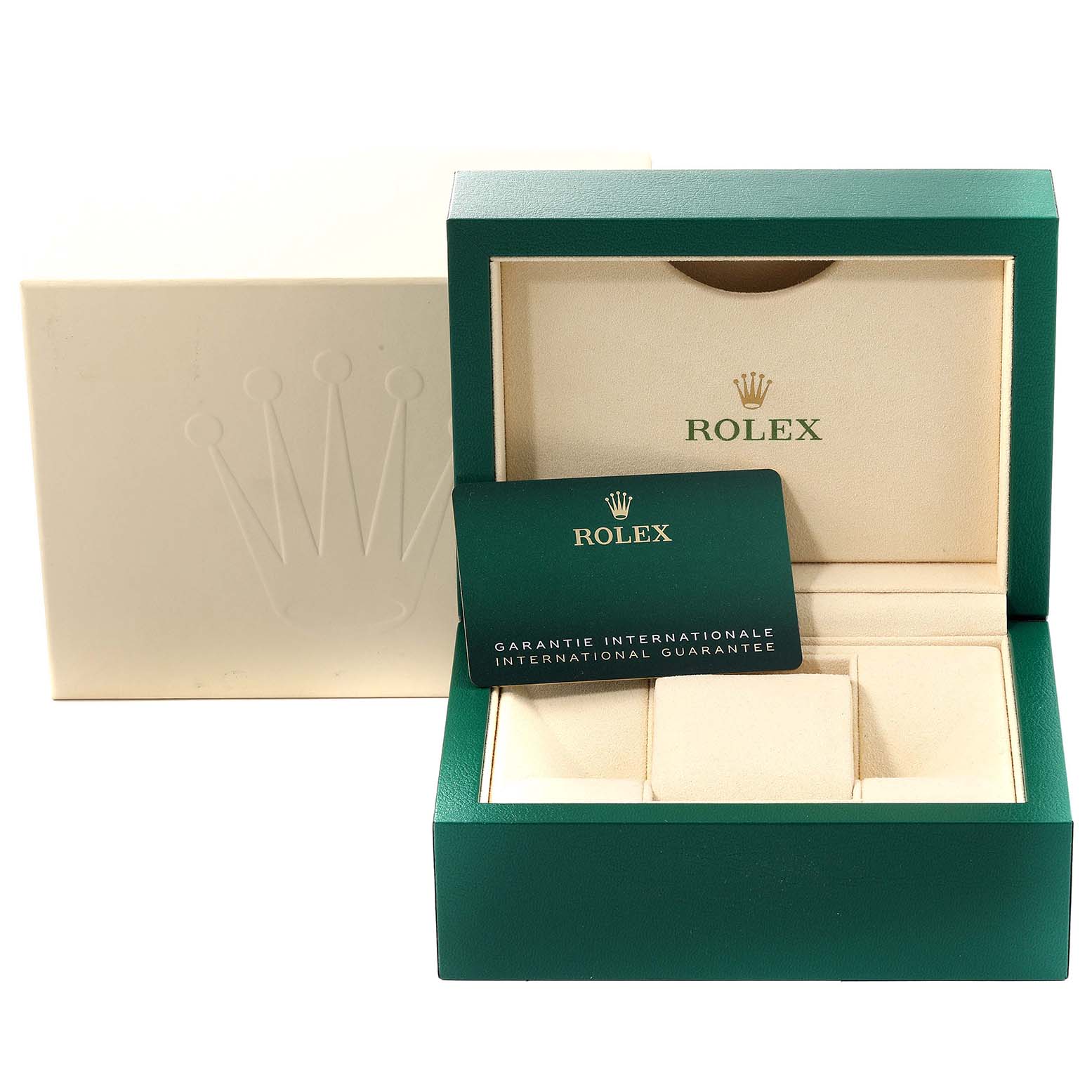 The image shows the packaging and the international guarantee card for the Rolex Datejust 279174 Women's Stainless Steel Grey Dial 279174 Women's Stainless Steel Grey Dial watch.