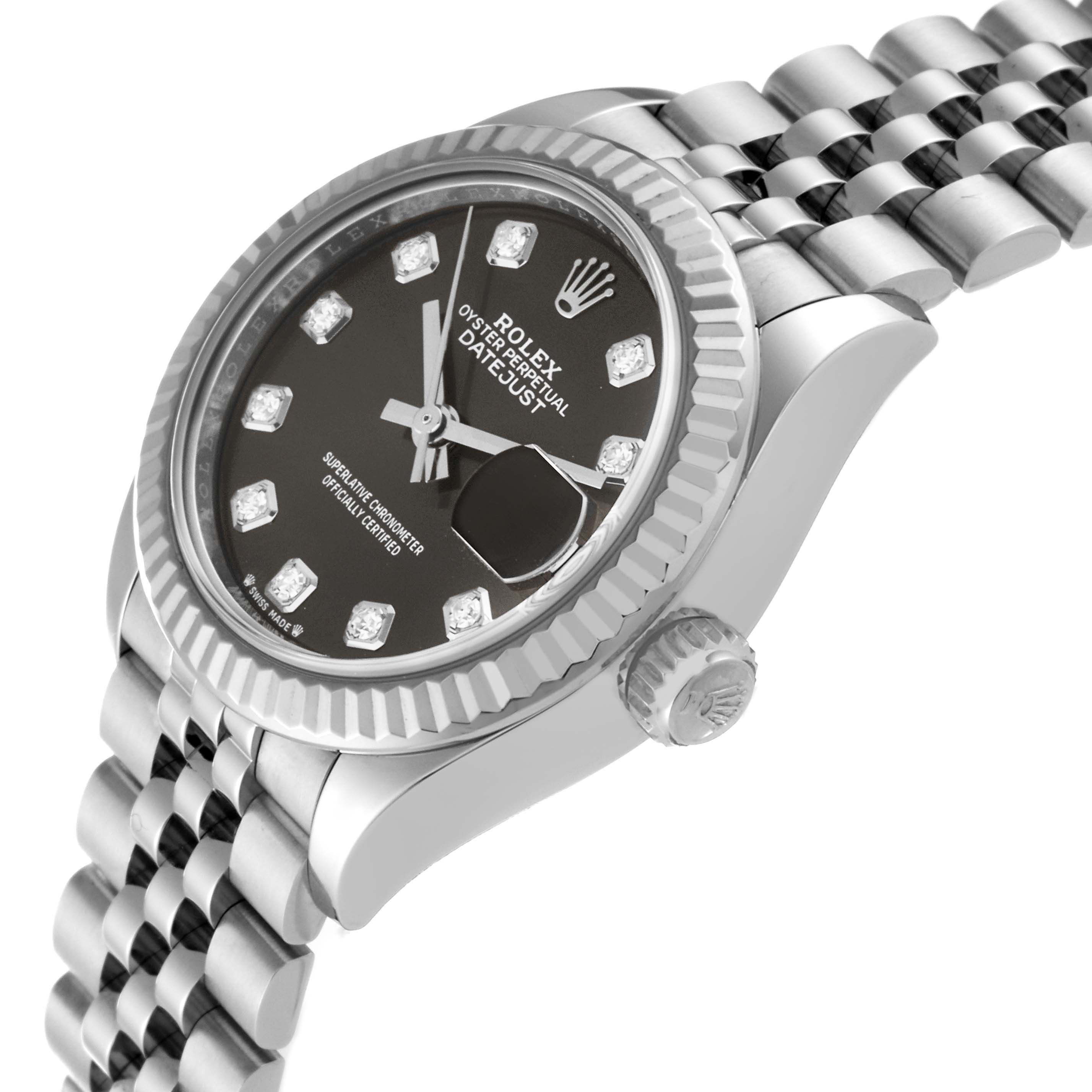 This image shows a side angle of a Rolex Datejust 279174 Women's Stainless Steel Grey Dial 279174 Women's Stainless Steel Grey Dial, highlighting the crown, bracelet, and diamond-accented dial.