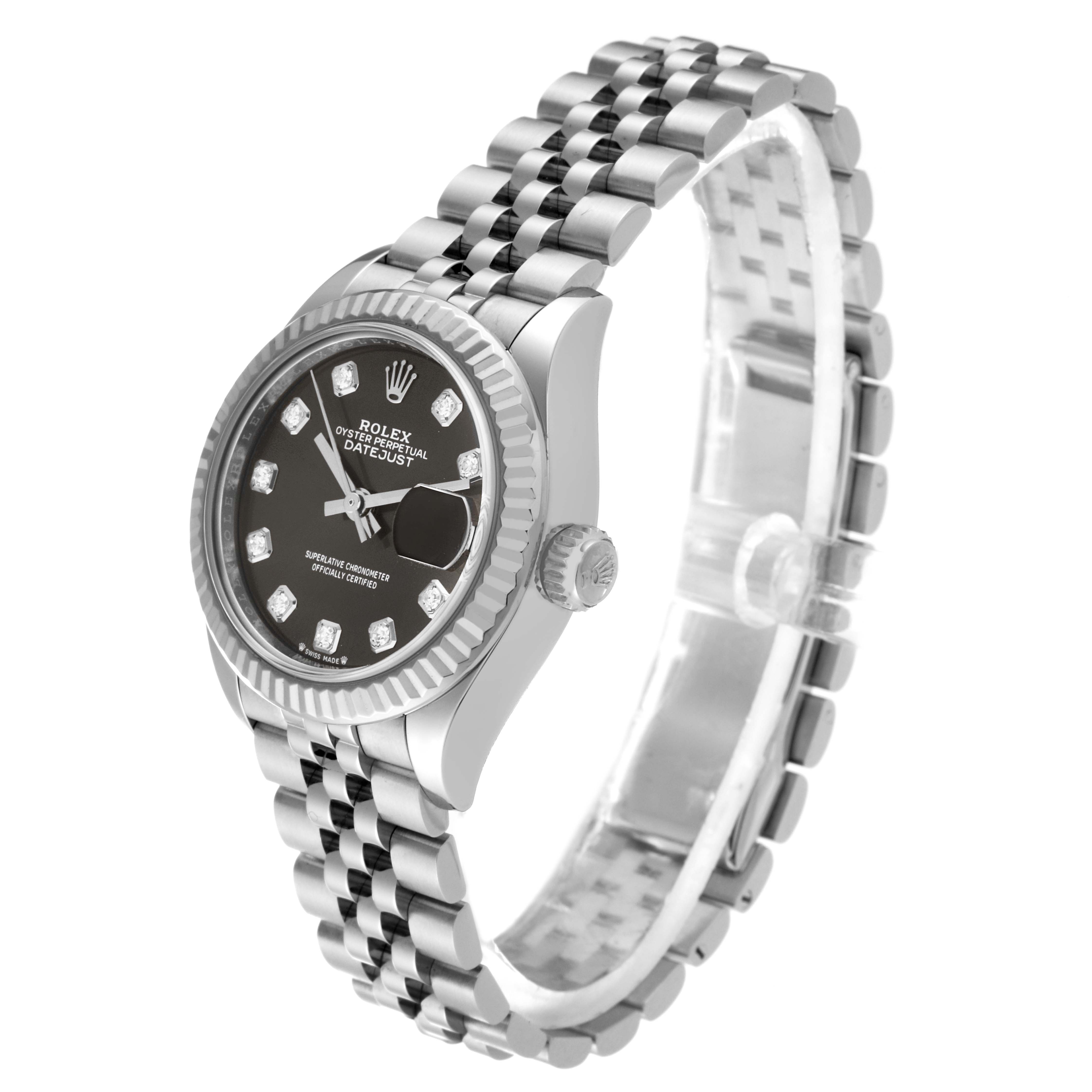 The image shows the Rolex Datejust 279174 Women's Stainless Steel Grey Dial 279174 Women's Stainless Steel Grey Dial watch at a three-quarter angle, highlighting the dial, bezel, crown, and bracelet.