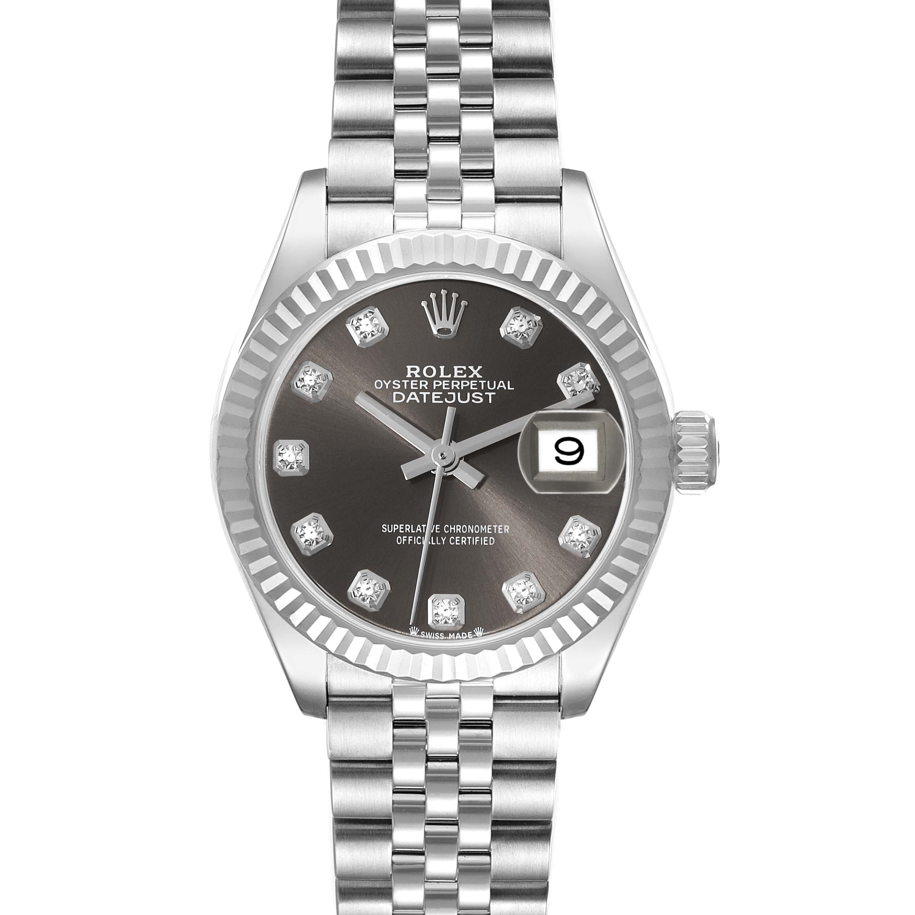 This is a front view of a Rolex Datejust 279174 Women's Stainless Steel Grey Dial 279174 Women's Stainless Steel Grey Dial watch, showing the dial, bracelet, bezel, and date window.