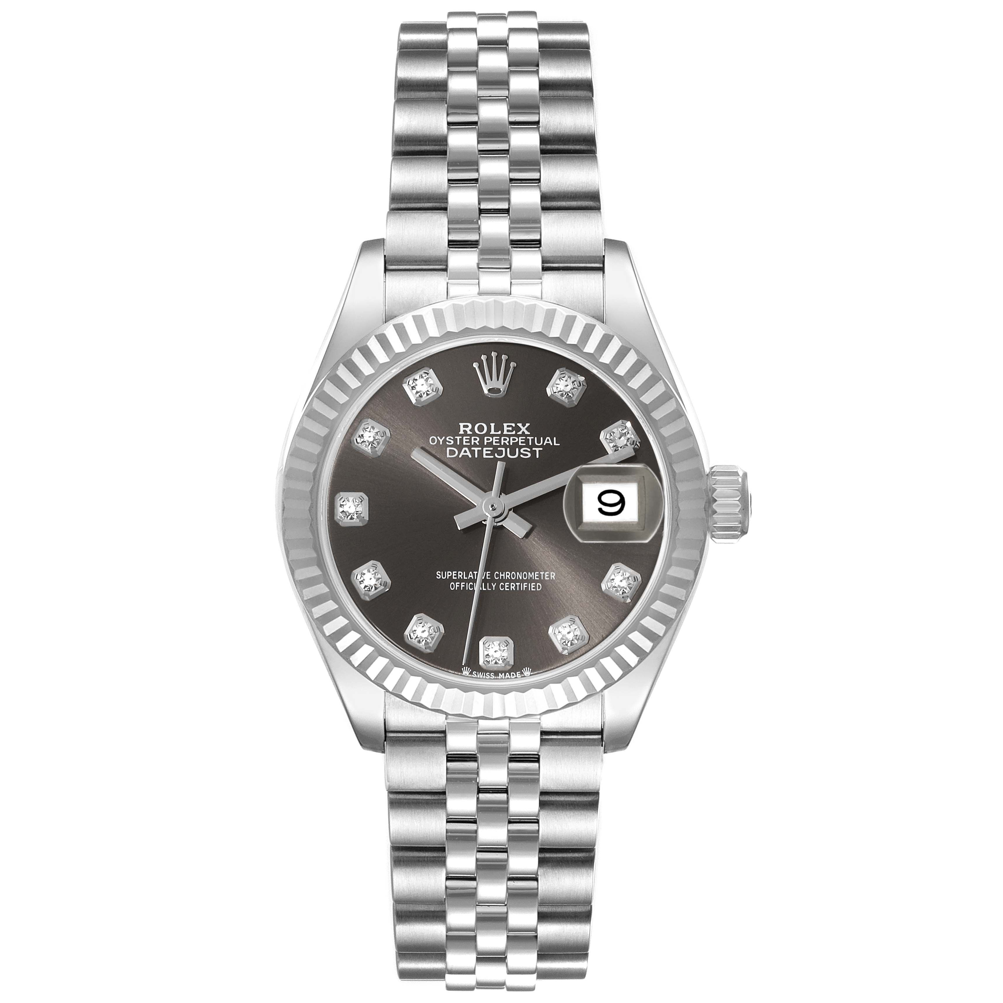 The image shows a front view of a Rolex Datejust 279174 Women's Stainless Steel Grey Dial 279174 Women's Stainless Steel Grey Dial watch, featuring its dial, bezel, bracelet, and crown.