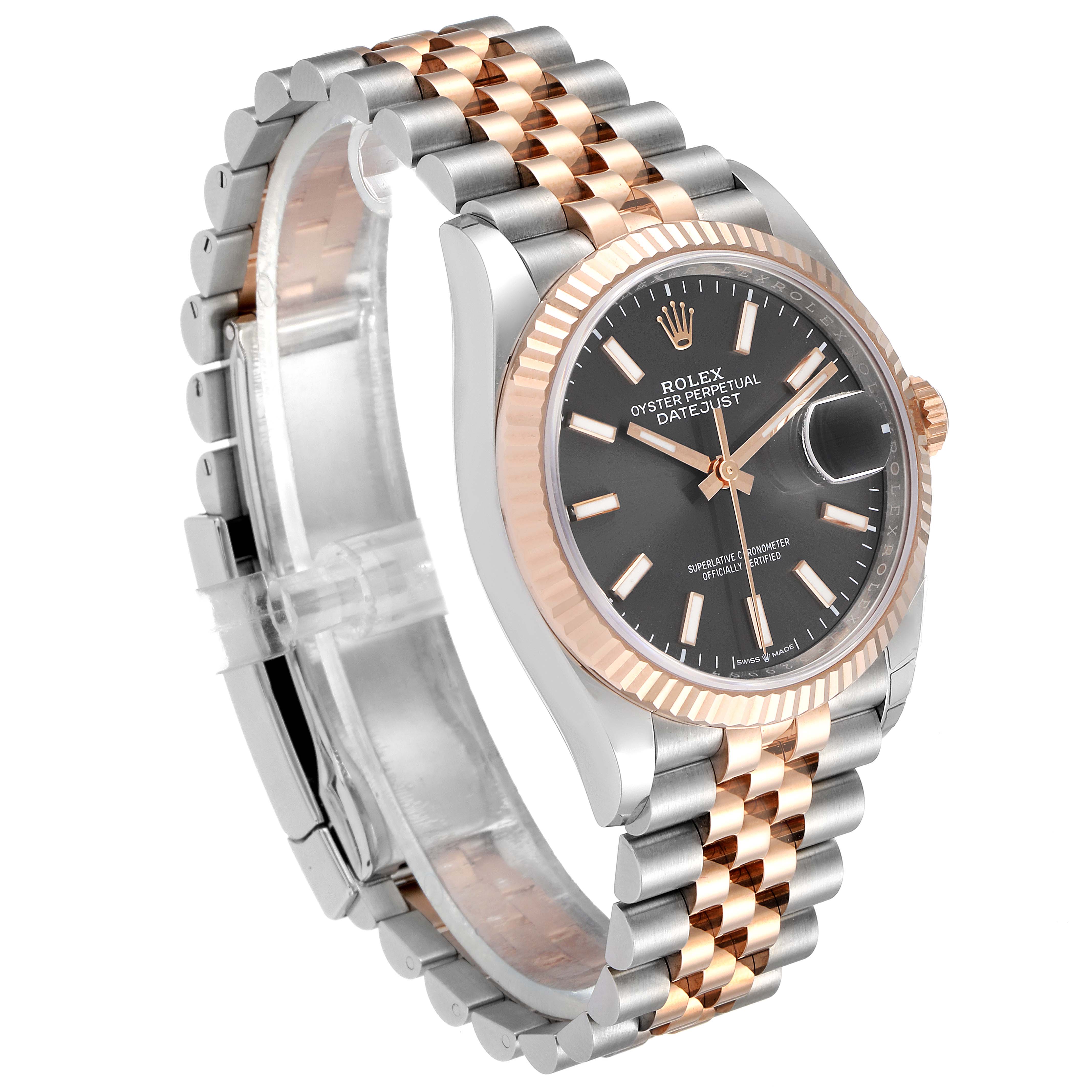 The image shows a Rolex Datejust 126231 Men's Rose Gold Grey Dial 126231 Men's Rose Gold Grey Dial model watch at an angle, highlighting the face, bezel, and two-tone bracelet.
