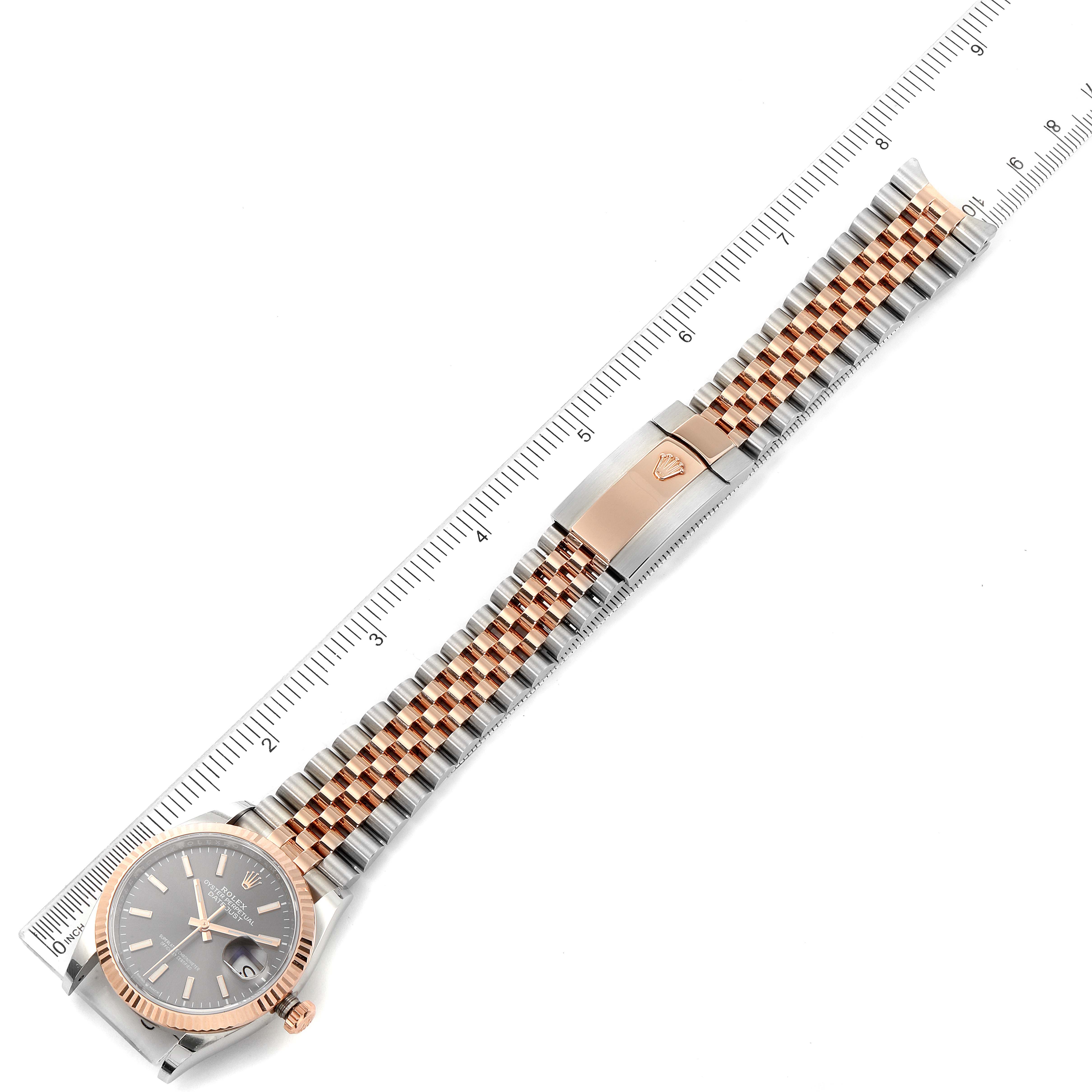 The image shows a top-down view of a Rolex Datejust 126231 Men's Rose Gold Grey Dial 126231 Men's Rose Gold Grey Dial watch, highlighting the dial, bezel, and full bracelet with clasp.