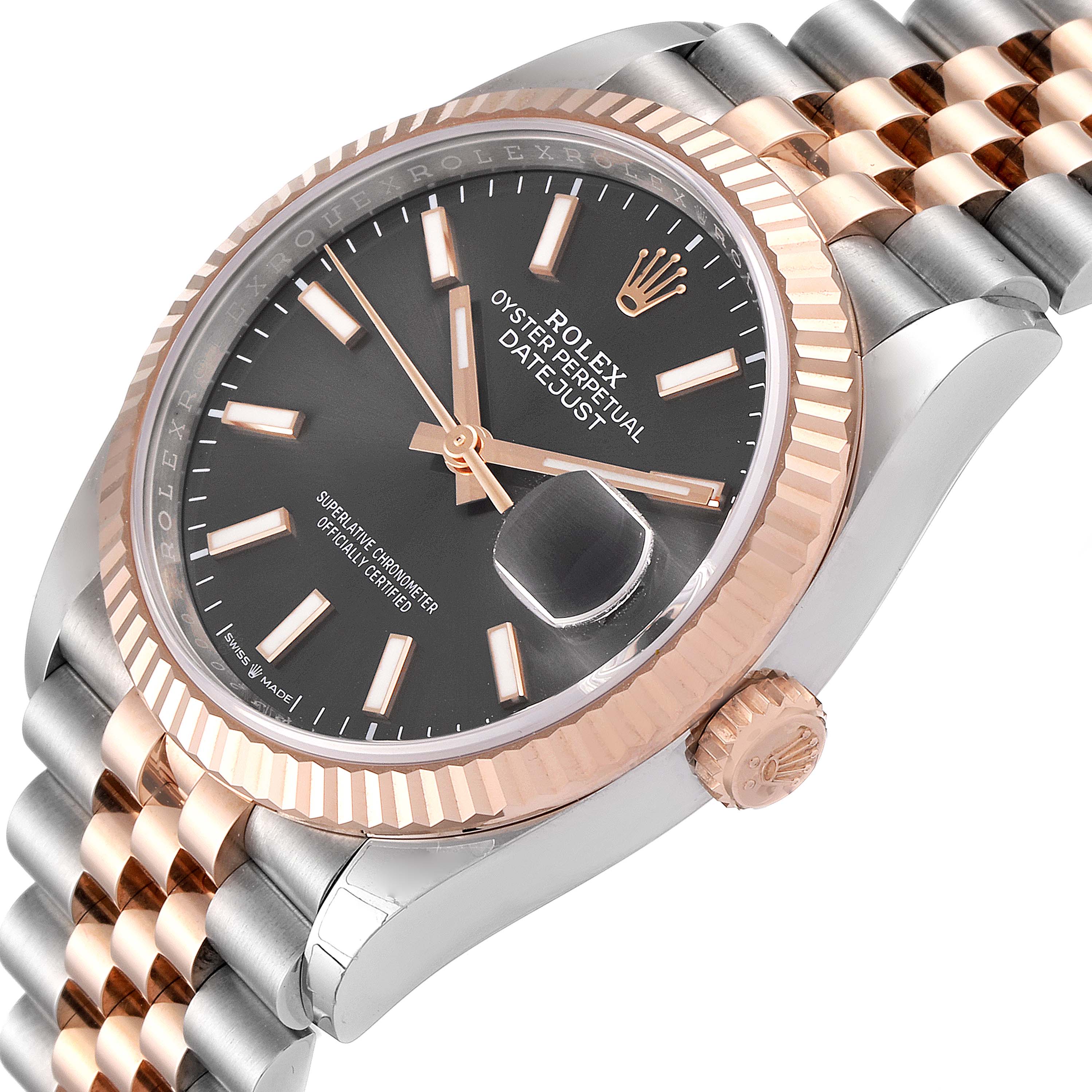 This image shows a close-up angled view of the Rolex Datejust 126231 Men's Rose Gold Grey Dial 126231 Men's Rose Gold Grey Dial watch, highlighting the dial, bezel, and parts of the bracelet.