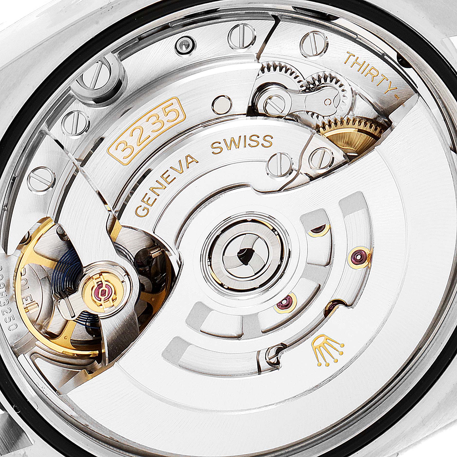 The image shows a close-up view of the movement mechanism inside a Rolex Datejust 126231 Men's Rose Gold Grey Dial 126231 Men's Rose Gold Grey Dial watch.