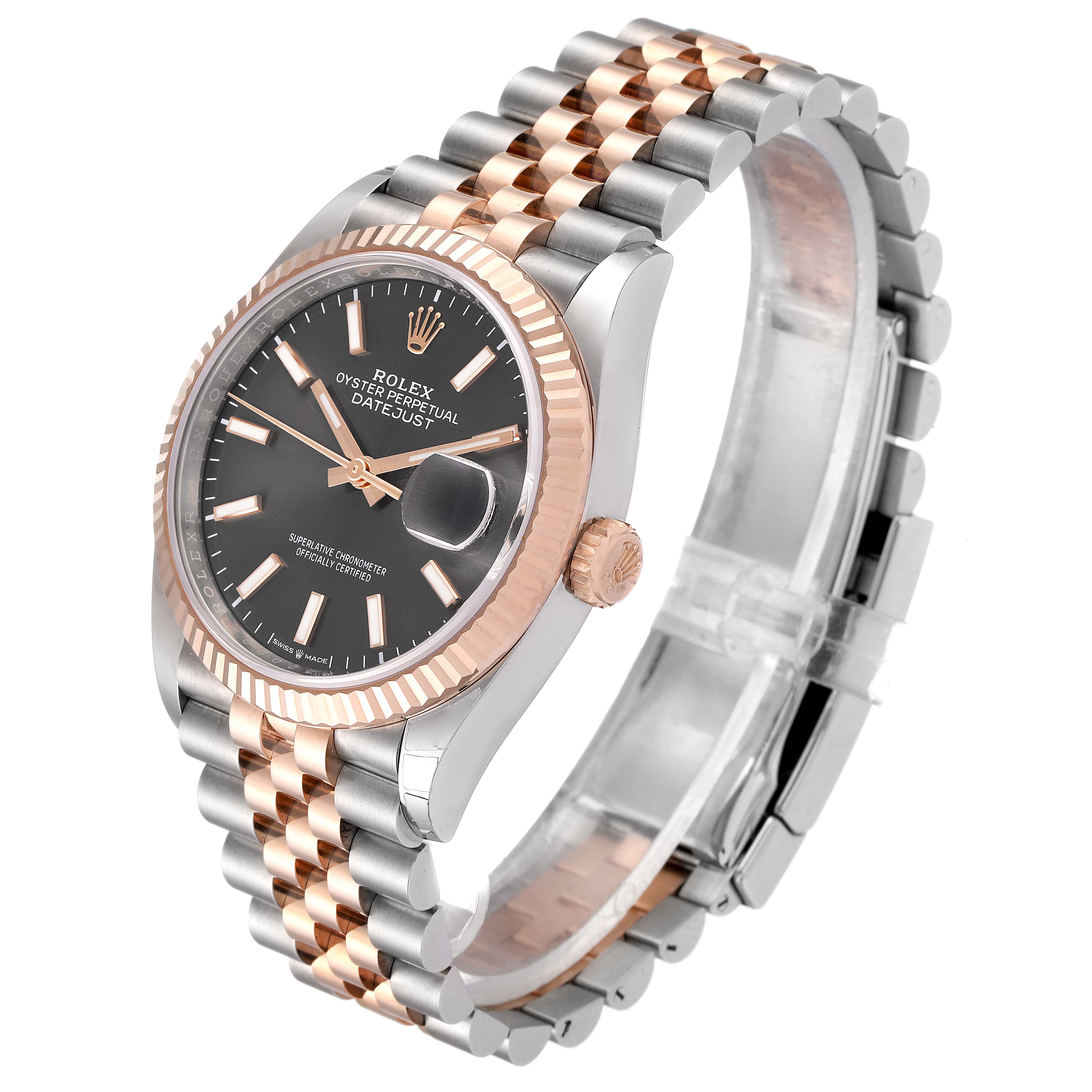 The image shows a Rolex Datejust 126231 Men's Rose Gold Grey Dial 126231 Men's Rose Gold Grey Dial watch at a three-quarter angle, highlighting the dial, bezel, crown, and two-tone bracelet.