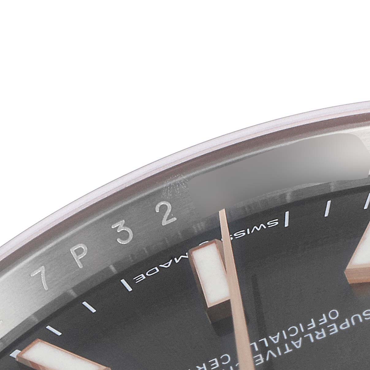 This image shows a close-up of the dial and part of the bezel of a Rolex Datejust 126231 Men's Rose Gold Grey Dial 126231 Men's Rose Gold Grey Dial watch.