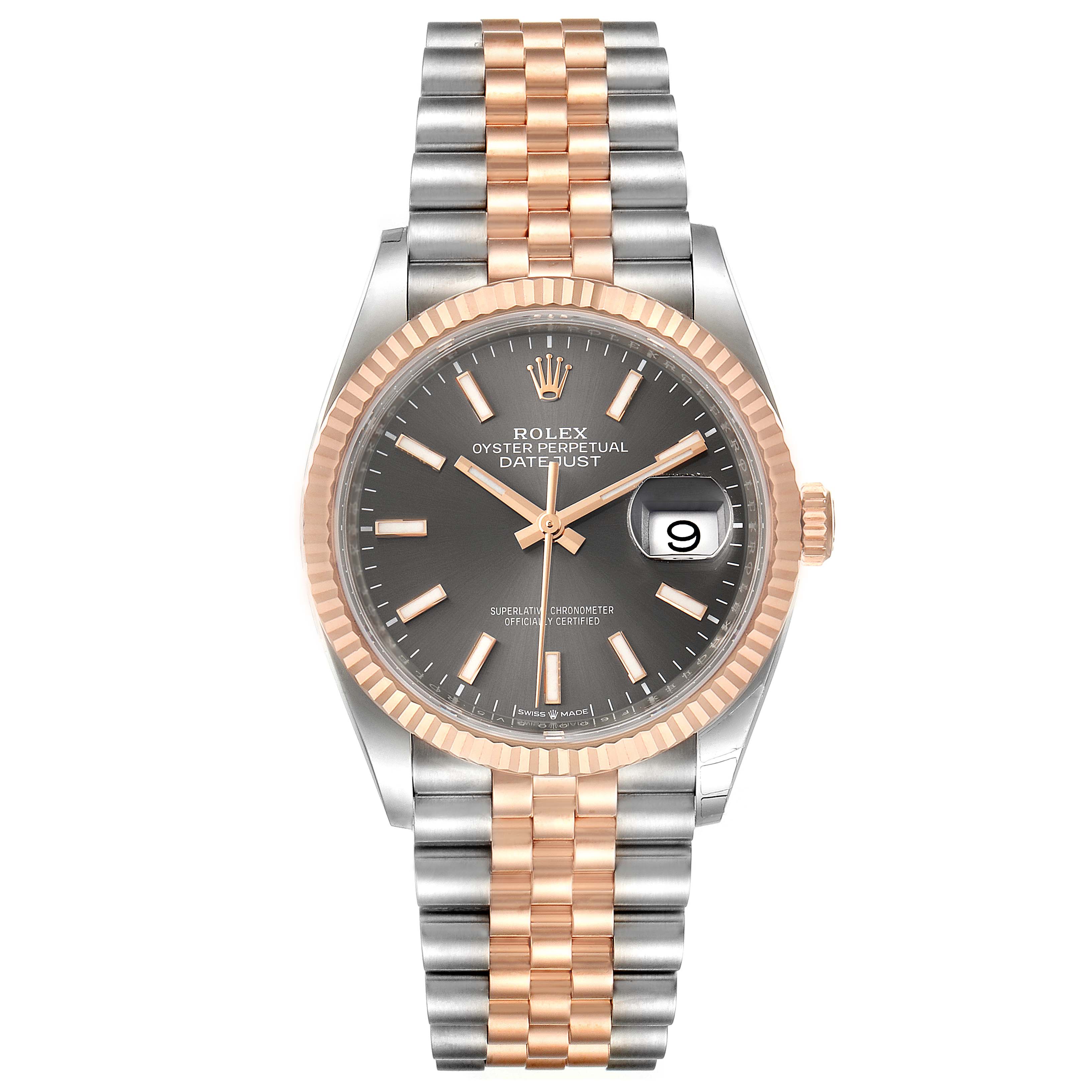 The Rolex Datejust 126231 Men's Rose Gold Grey Dial 126231 Men's Rose Gold Grey Dial watch is shown from a front view, displaying its dial, bezel, crown, and Jubilee bracelet.