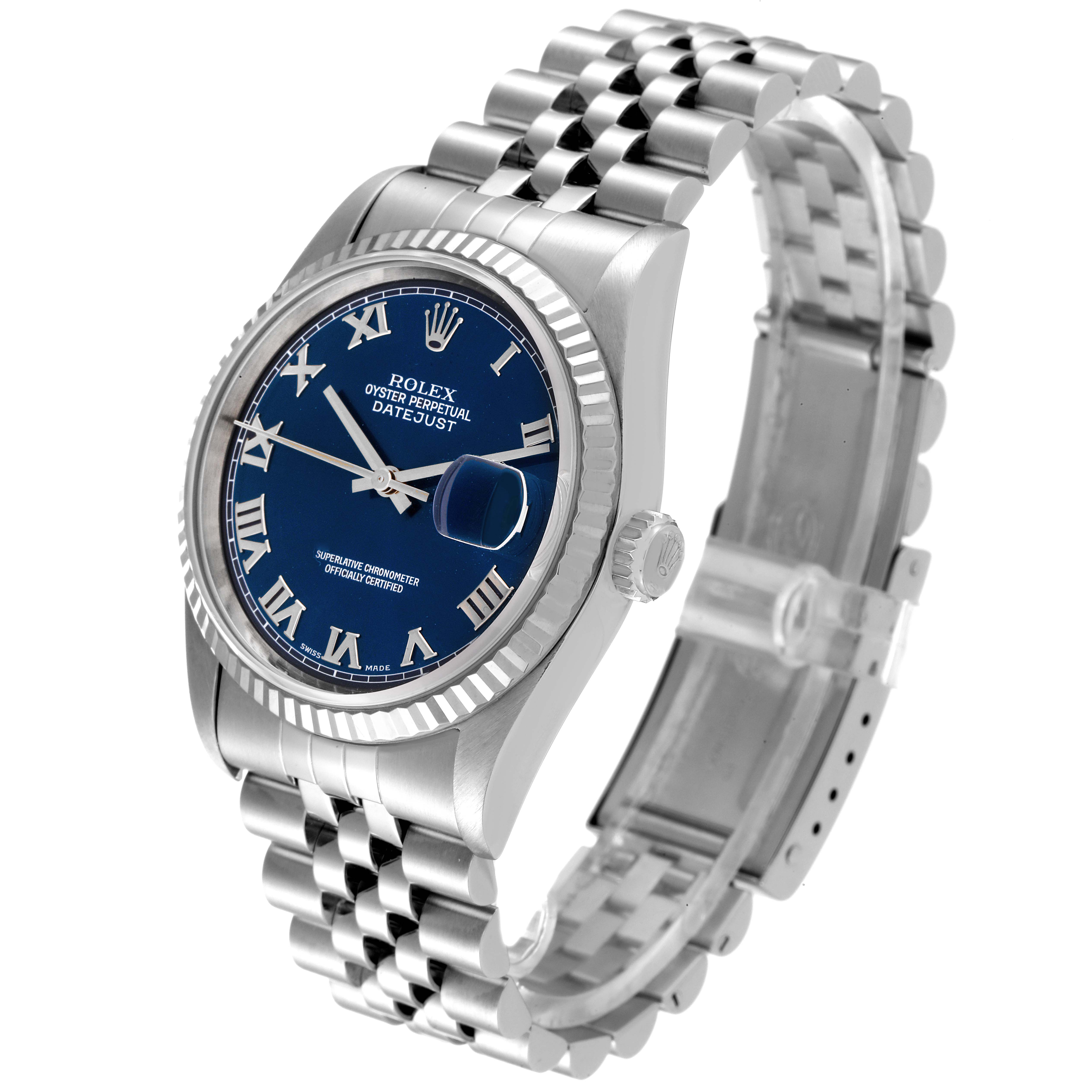 This Rolex Datejust 16234 Men's Stainless Steel Blue Dial 16234 Men's Stainless Steel Blue Dial watch is shown at a front-side angle, displaying the dial, bezel, crown, and bracelet.