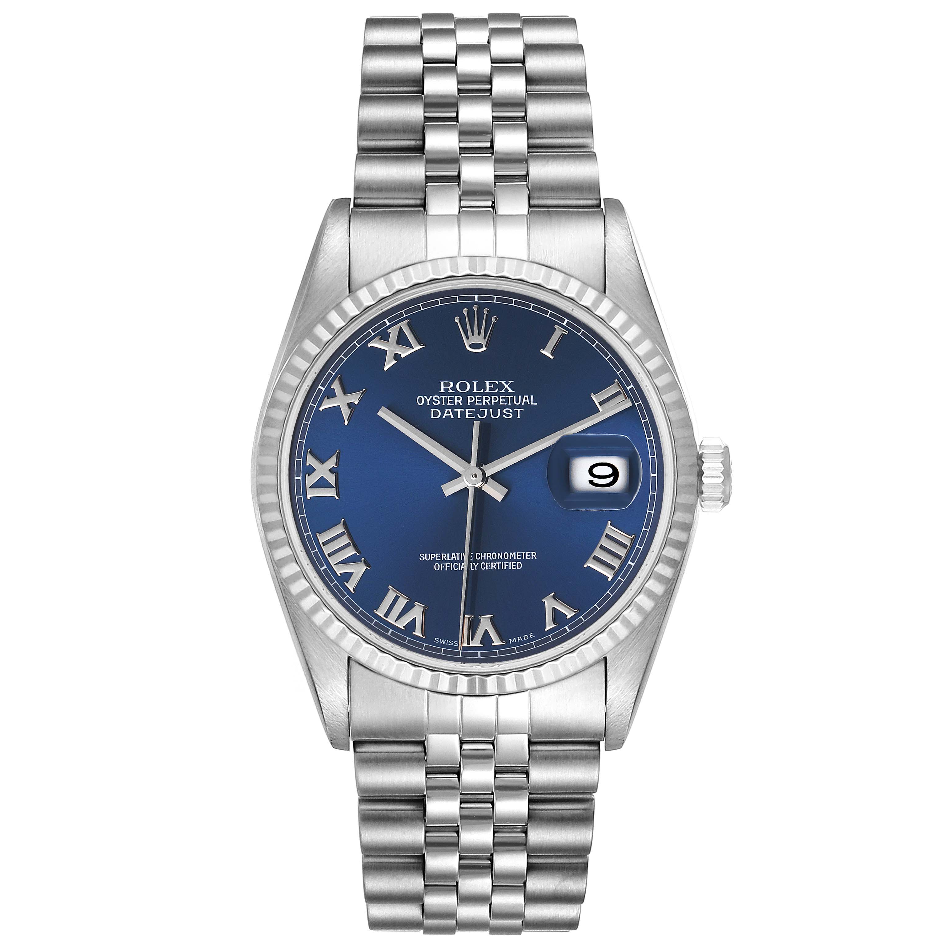The image shows a front view of a Rolex Datejust 16234 Men's Stainless Steel Blue Dial 16234 Men's Stainless Steel Blue Dial watch, displaying the blue dial, hands, date window, and Jubilee bracelet.