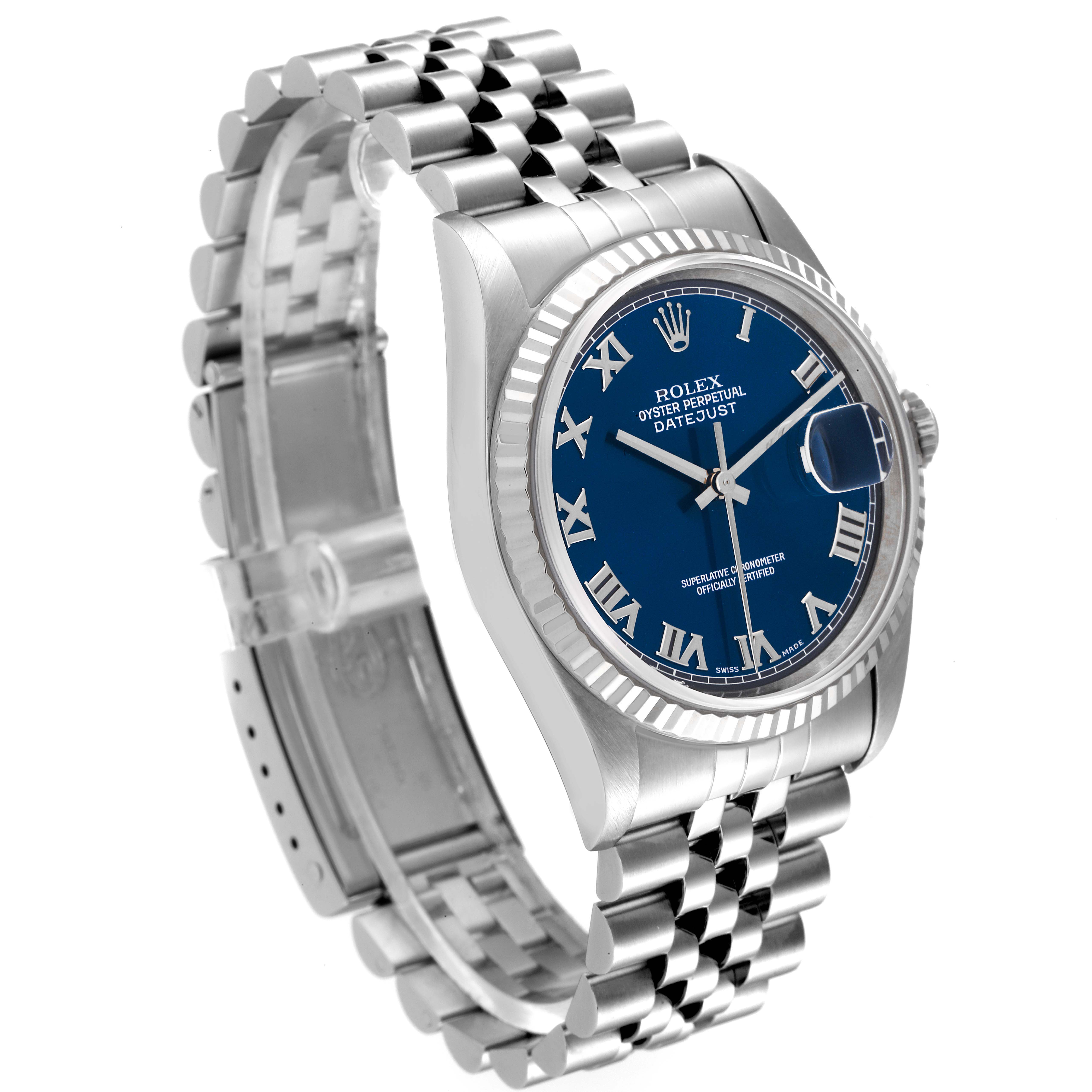 The image shows a Rolex Datejust 16234 Men's Stainless Steel Blue Dial 16234 Men's Stainless Steel Blue Dial watch angled to display its blue dial, bezel, bracelet, and partially open clasp.