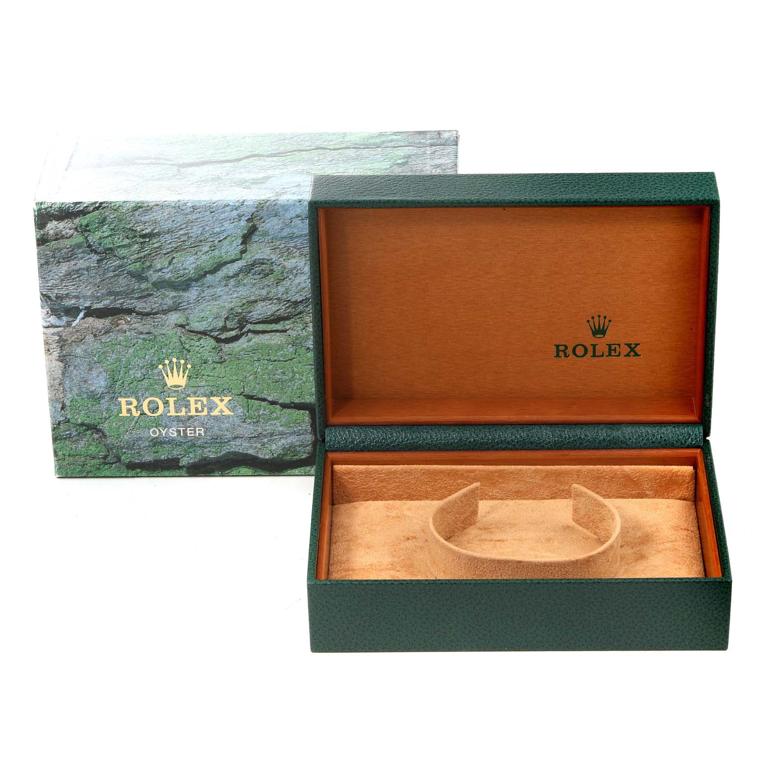 The image shows an open Rolex Datejust 16234 Men's Stainless Steel Blue Dial 16234 Men's Stainless Steel Blue Dial watch box and its outer packaging from a frontal angle.