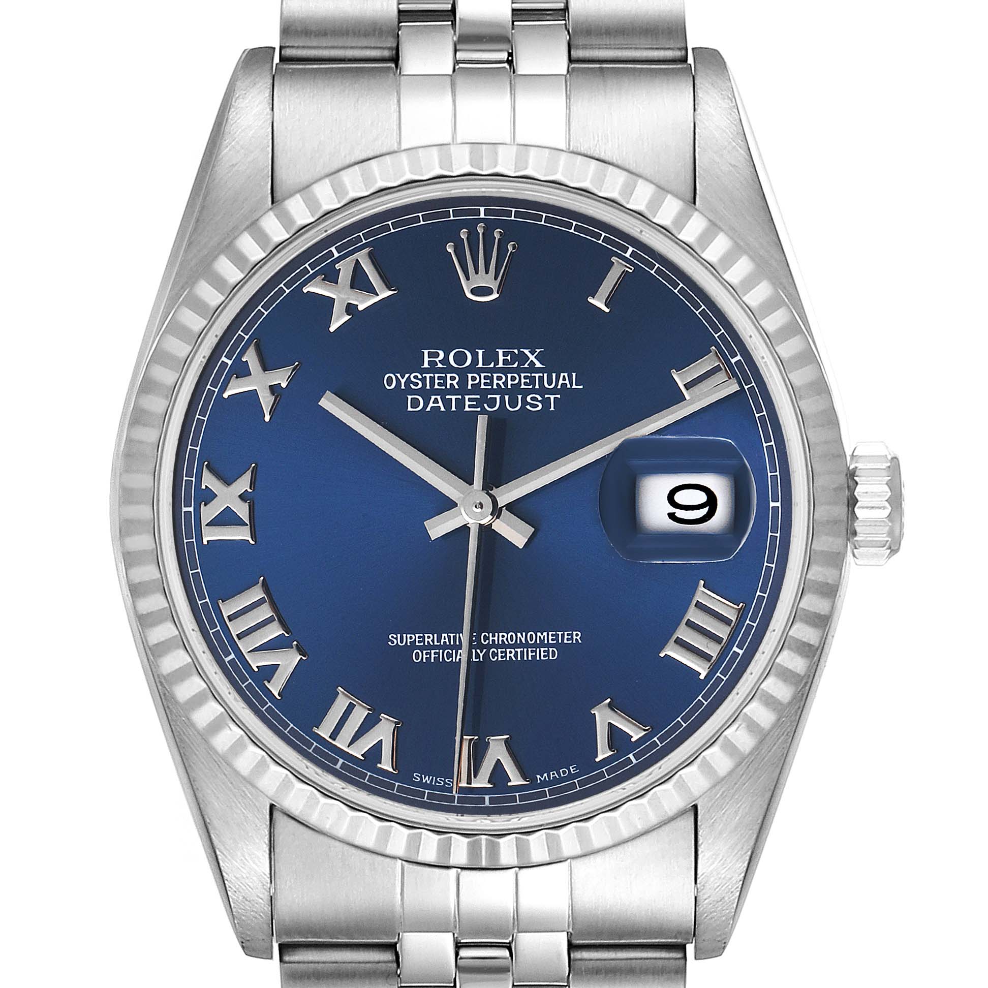 This image shows a front view of a Rolex Datejust 16234 Men's Stainless Steel Blue Dial 16234 Men's Stainless Steel Blue Dial watch, displaying its blue dial, Roman numeral markers, and fluted bezel.
