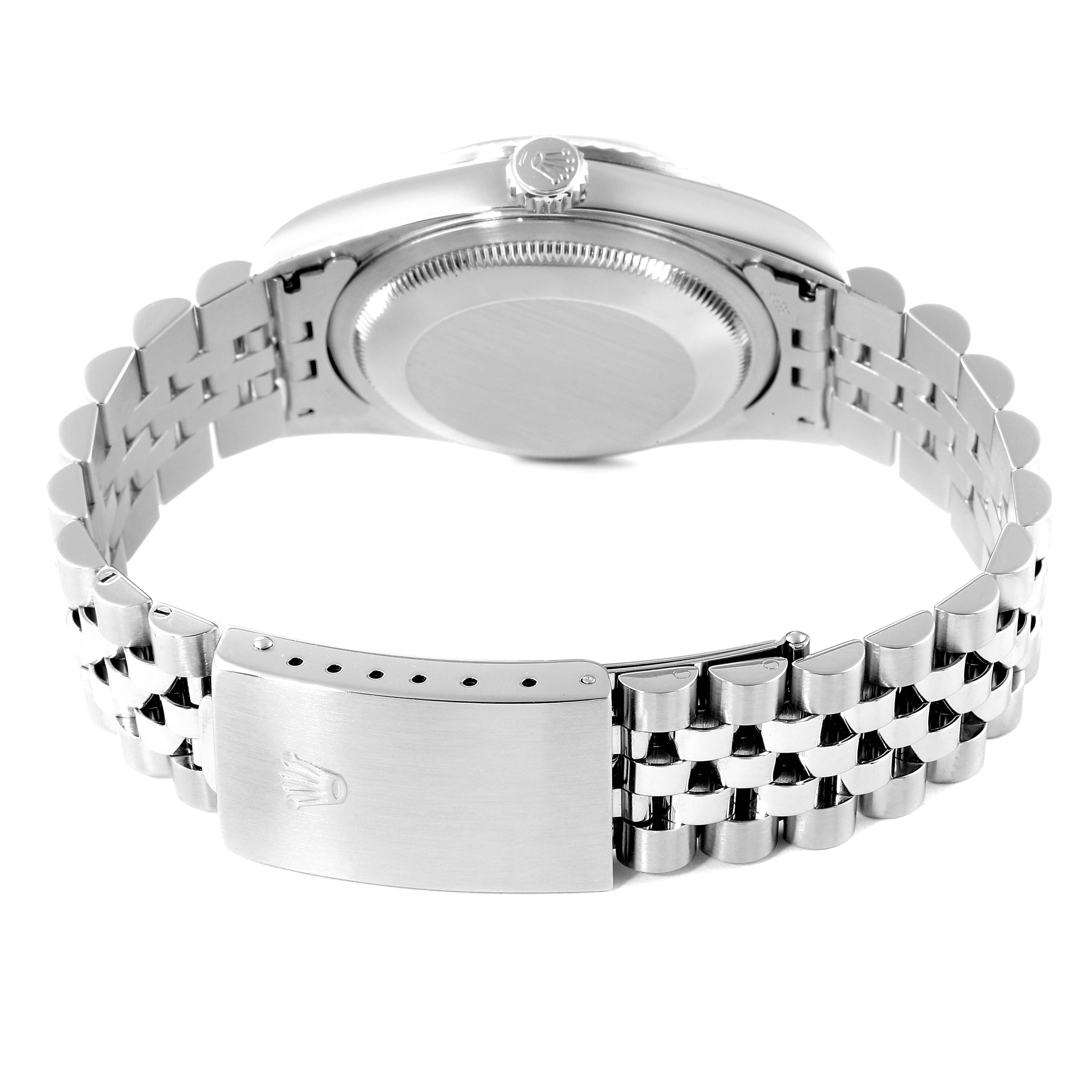 This image shows the back view of the Rolex Datejust 16234 Men's Stainless Steel Blue Dial 16234 Men's Stainless Steel Blue Dial watch, highlighting the case back and bracelet clasp.