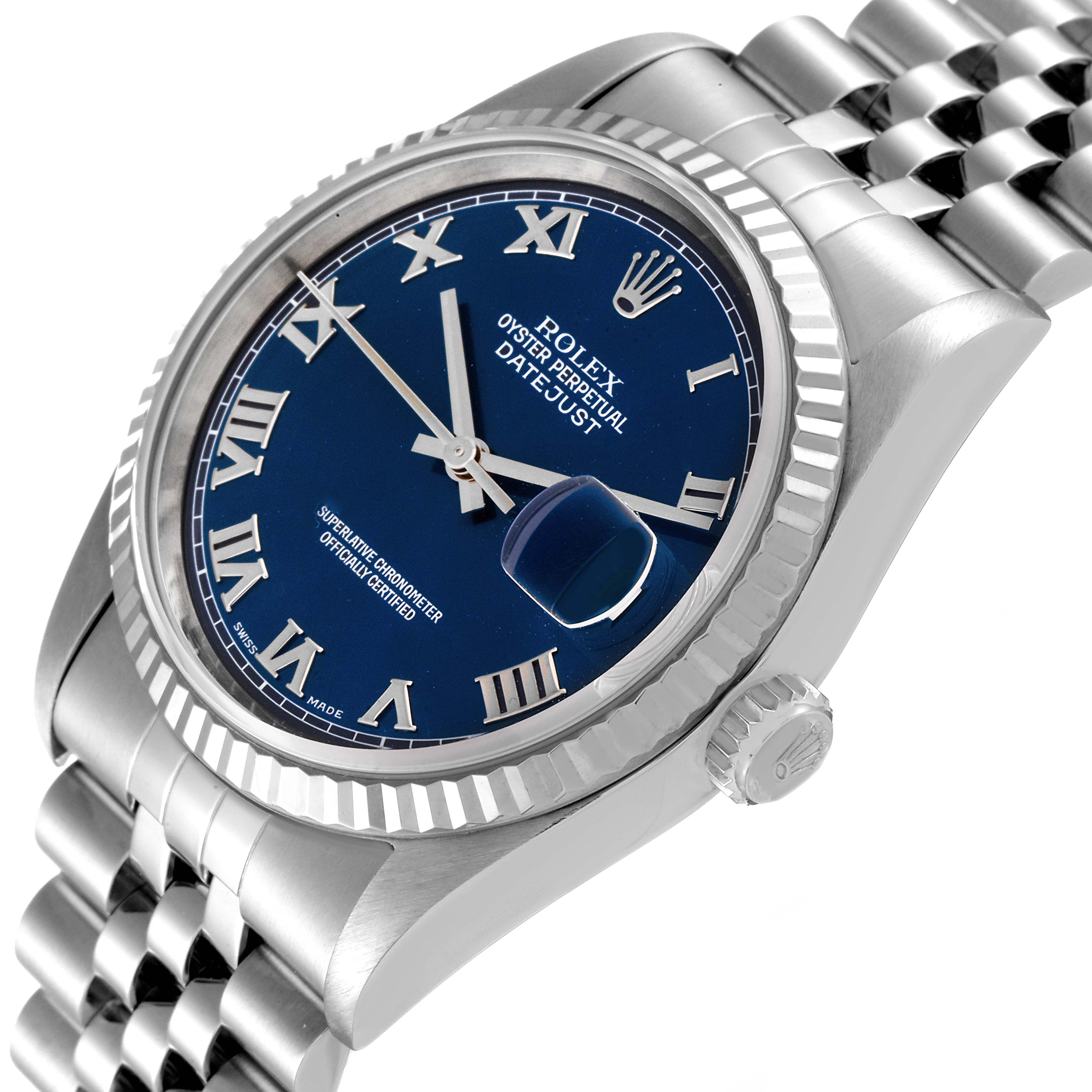 This image shows a close-up angled view of the Rolex Datejust 16234 Men's Stainless Steel Blue Dial 16234 Men's Stainless Steel Blue Dial watch, highlighting the dial, bezel, crown, and bracelet.