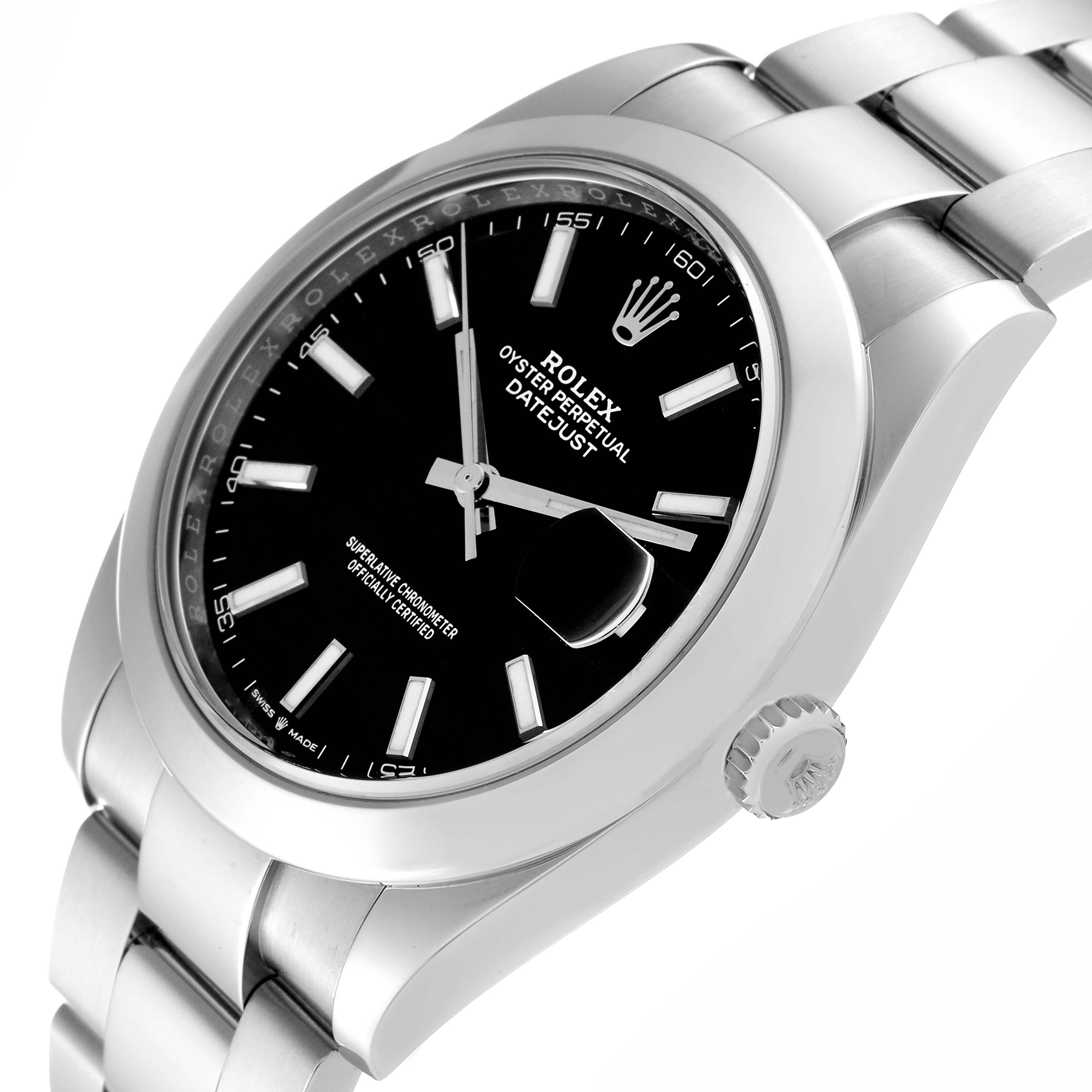 This image shows a close-up, angled view of the Rolex Datejust 41 126300 Men's Stainless Steel Black Dial 126300 Men's Stainless Steel Black Dial watch, highlighting the dial, bezel, bracelet, and crown.
