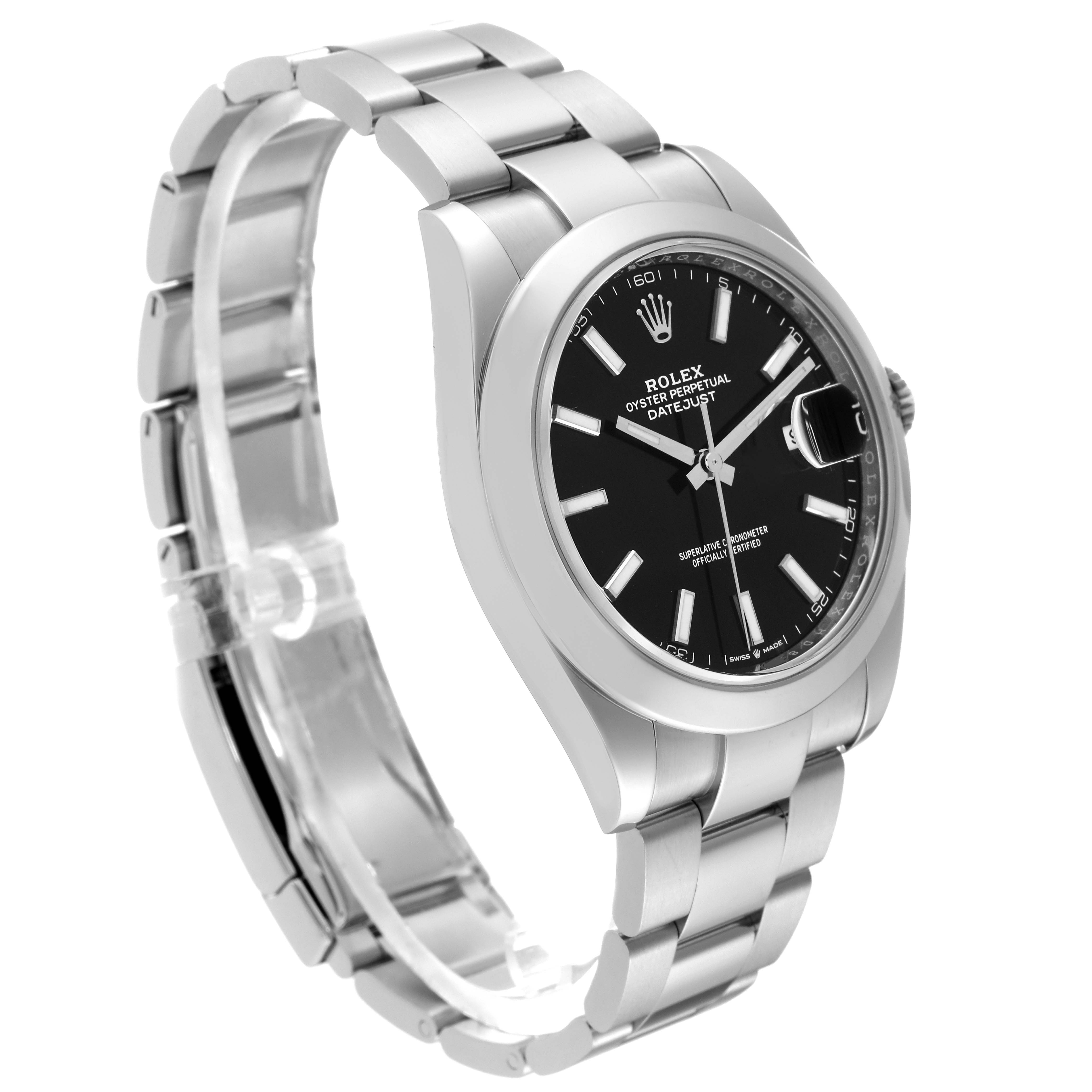 This image shows a side and front view of the Rolex Datejust 41 126300 Men's Stainless Steel Black Dial 126300 Men's Stainless Steel Black Dial watch, highlighting its bracelet and black dial.
