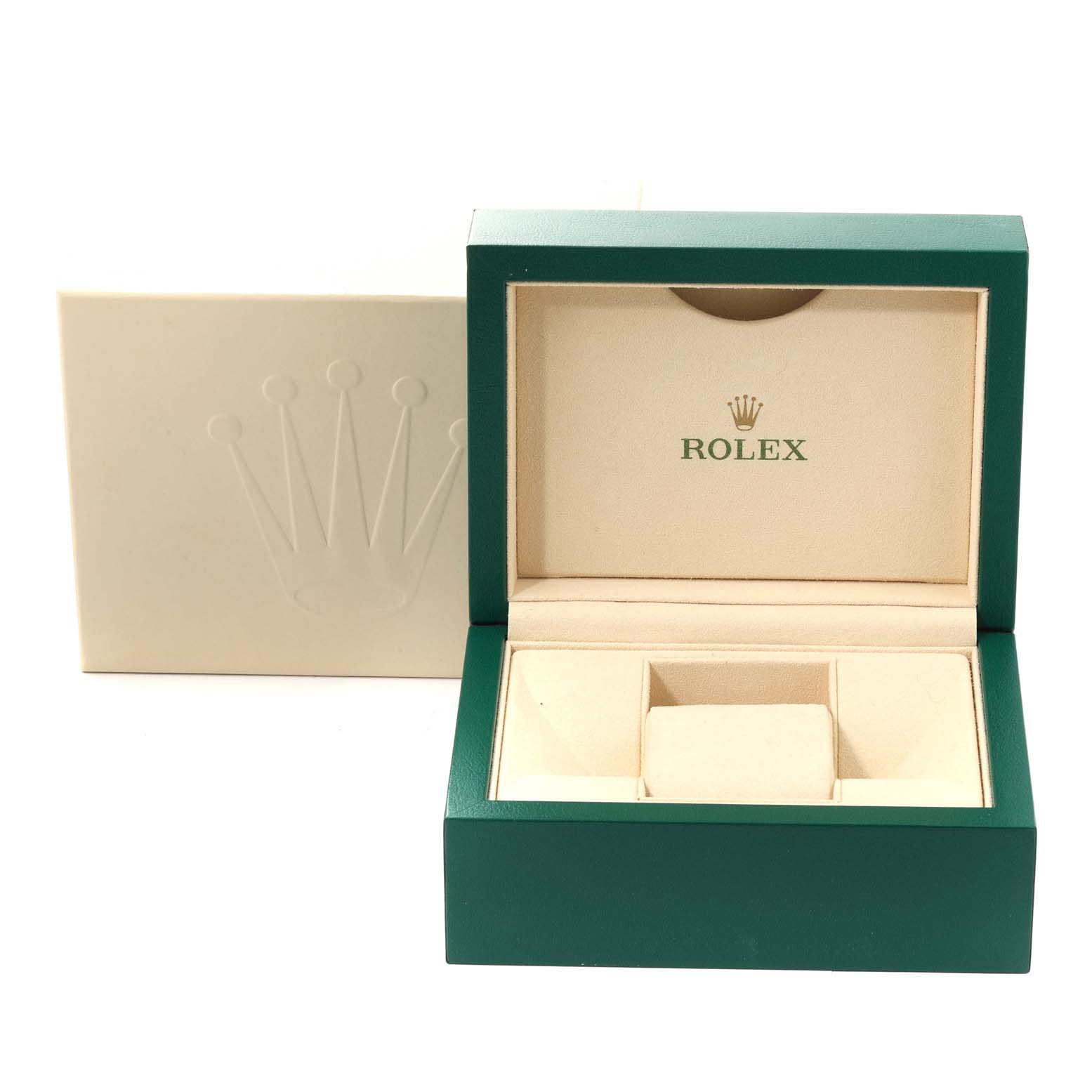 The image shows an open Rolex Datejust 41 126300 Men's Stainless Steel Black Dial 126300 Men's Stainless Steel Black Dial watch box with the brand logo visible on the inside lid.