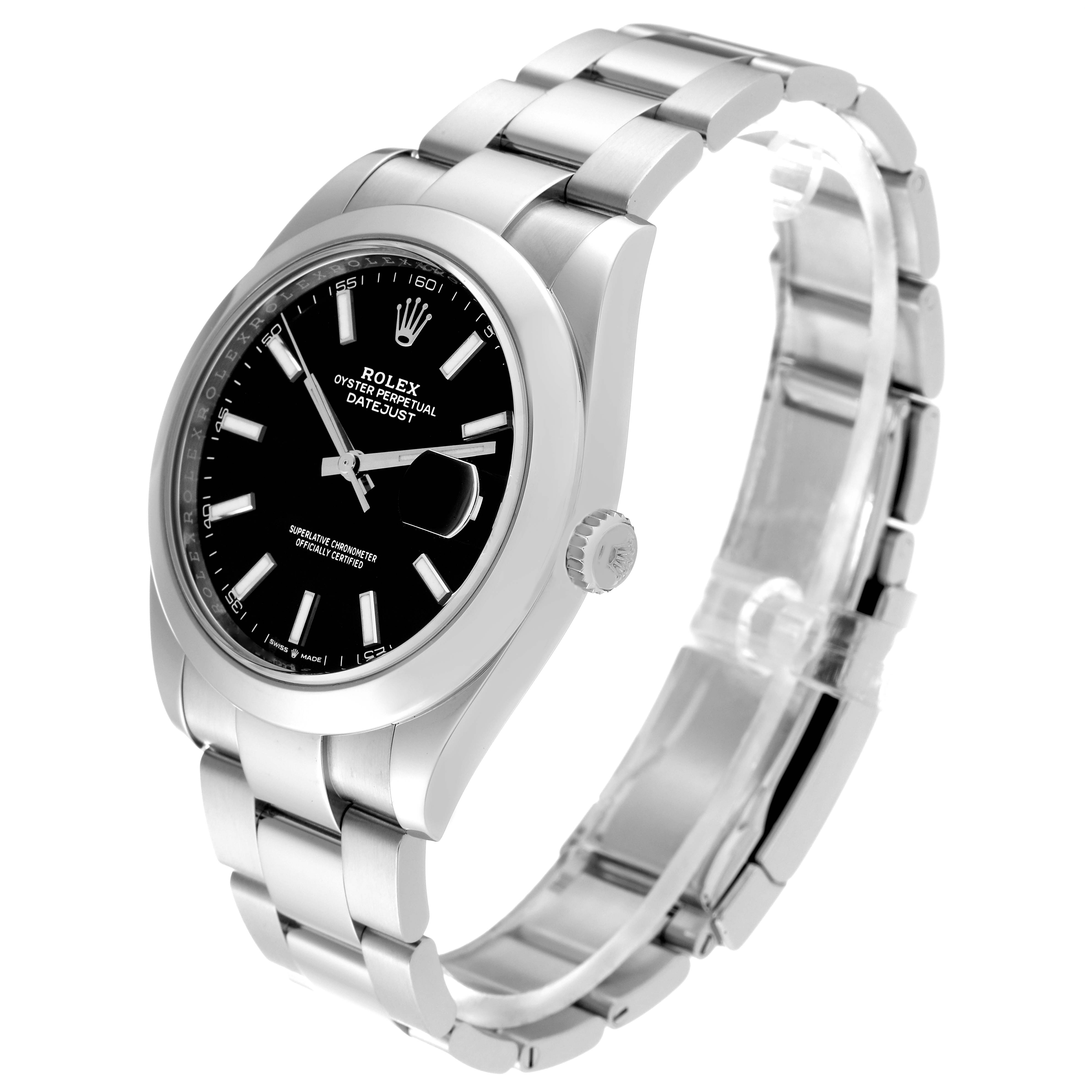 The Rolex Datejust 41 126300 Men's Stainless Steel Black Dial 126300 Men's Stainless Steel Black Dial model is shown at a three-quarter angle, highlighting its bezel, dial, crown, and bracelet.