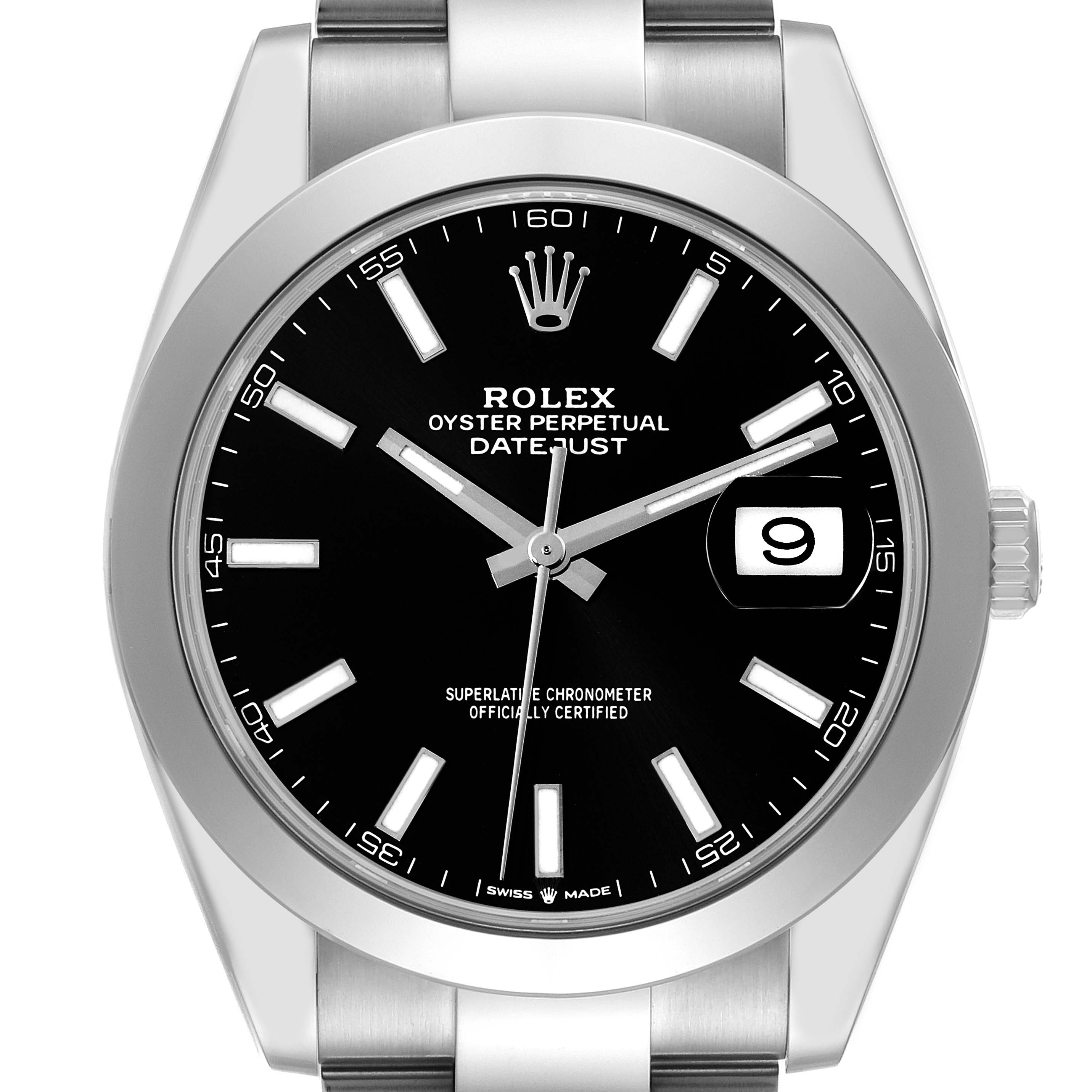 This image shows a front view of the Rolex Datejust 41 126300 Men's Stainless Steel Black Dial 126300 Men's Stainless Steel Black Dial watch displaying its black dial, markers, hands, and date window.