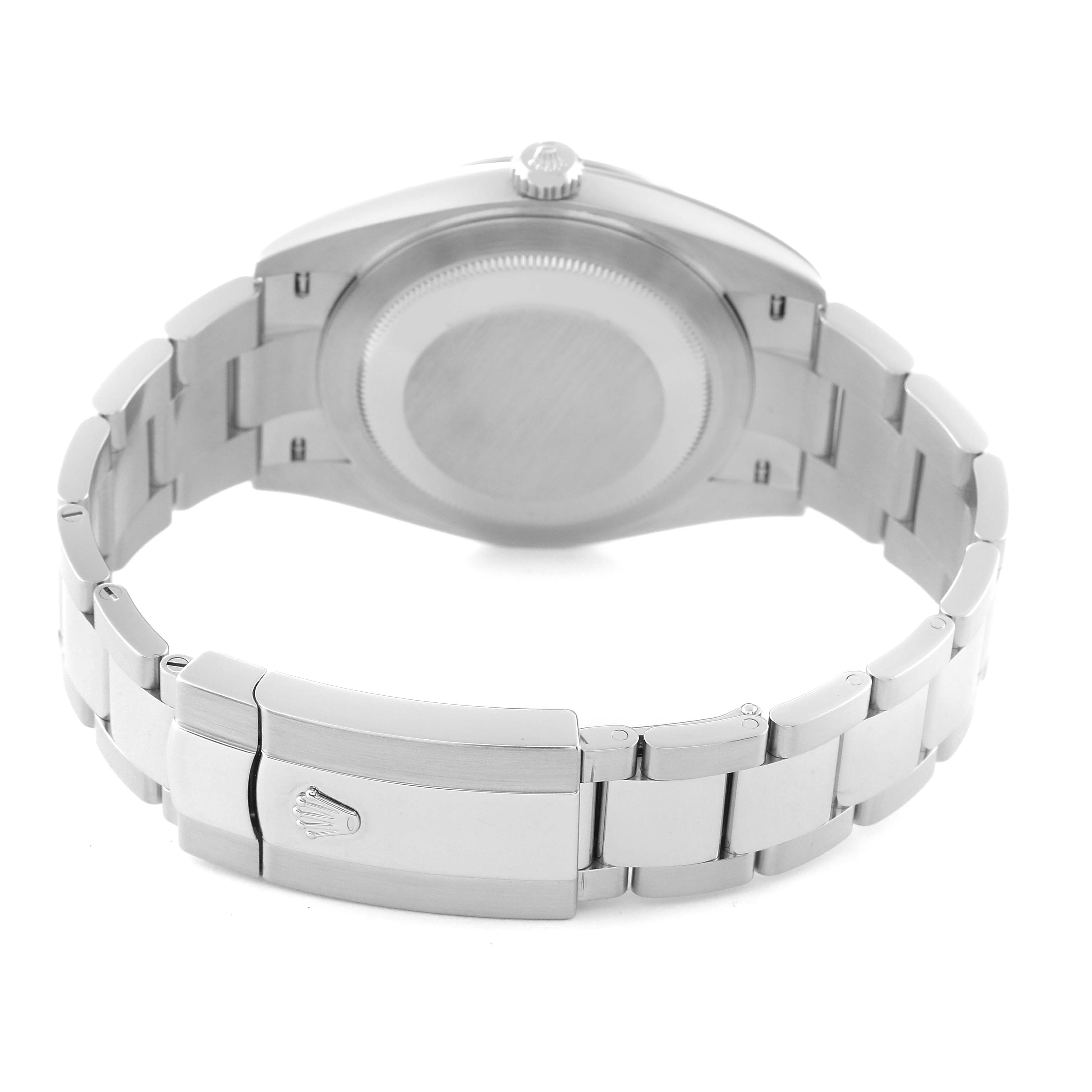 The image shows the back view of a Rolex Datejust 41 126300 Men's Stainless Steel Black Dial 126300 Men's Stainless Steel Black Dial, highlighting its clasp and bracelet links.