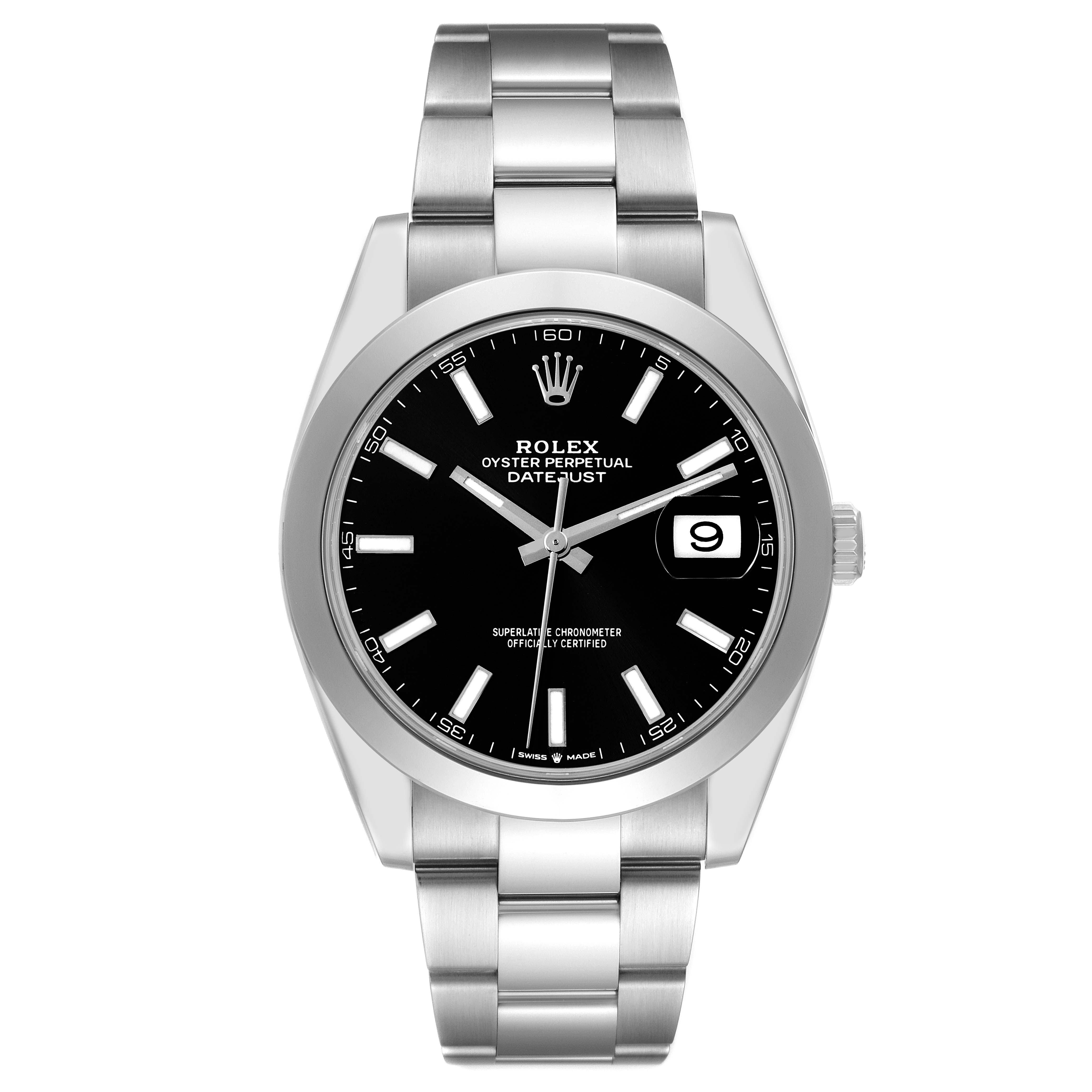 The image shows a Rolex Datejust 41 126300 Men's Stainless Steel Black Dial 126300 Men's Stainless Steel Black Dial watch from a front view, displaying its face, bezel, and bracelet.