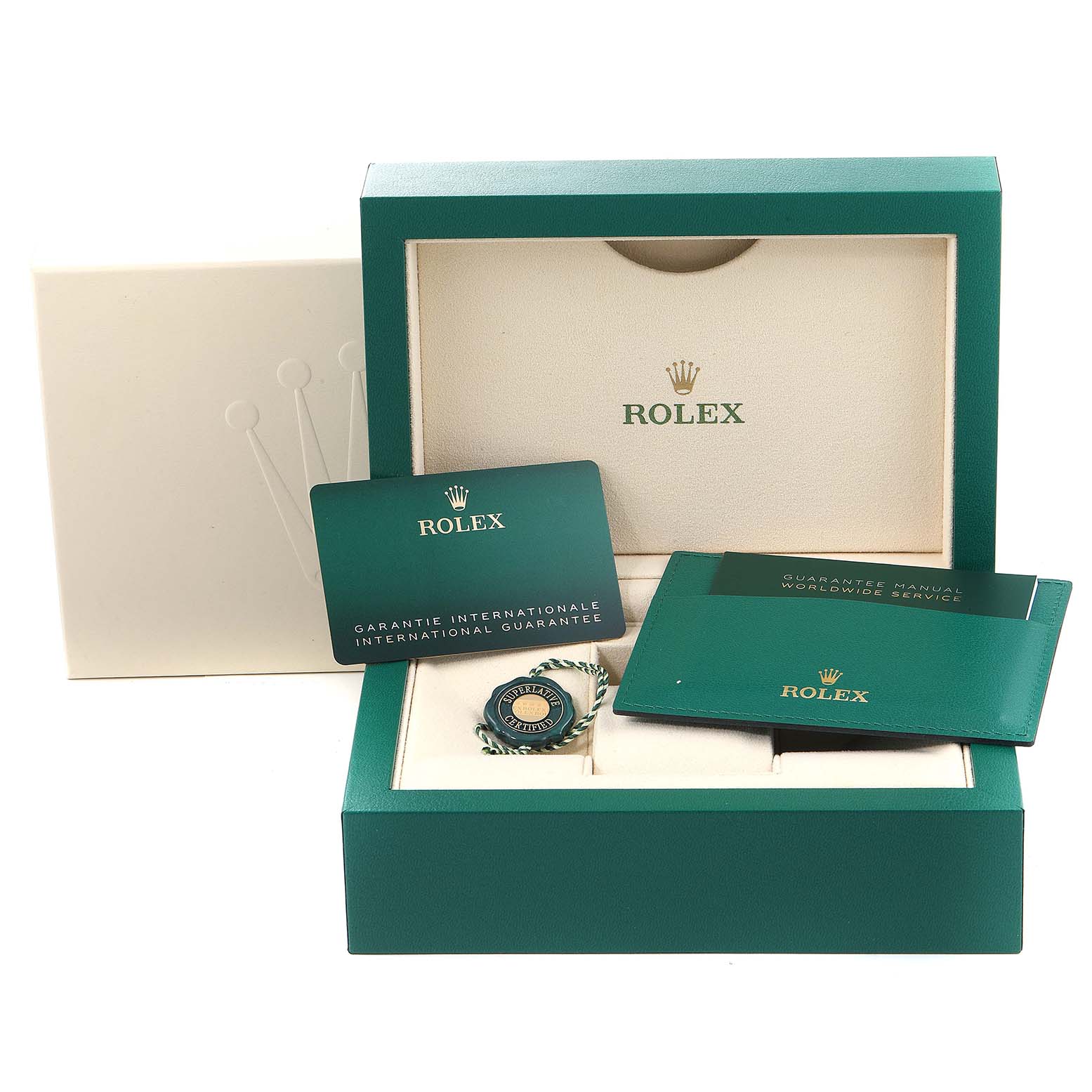 The image shows the packaging and accessories of a Rolex Datejust 41 126300 Men
s Stainless Steel Grey Dial 126300 Men
s Stainless Steel Grey Dial, including guarantee cards, a tag, and manuals.