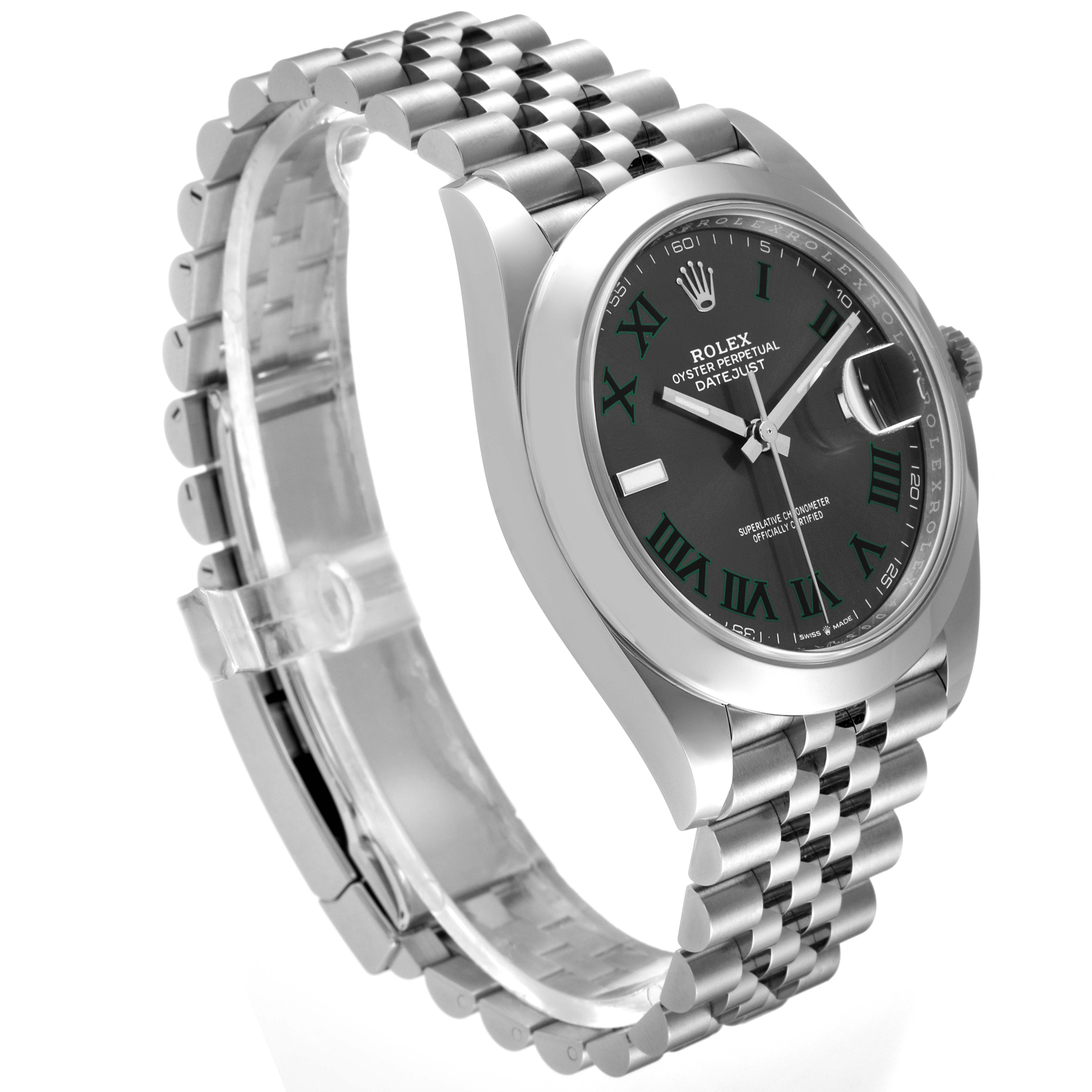 The image shows a Rolex Datejust 41 126300 Men
s Stainless Steel Grey Dial 126300 Men
s Stainless Steel Grey Dial watch at a side angle, highlighting the face, bezel, and Jubilee bracelet.