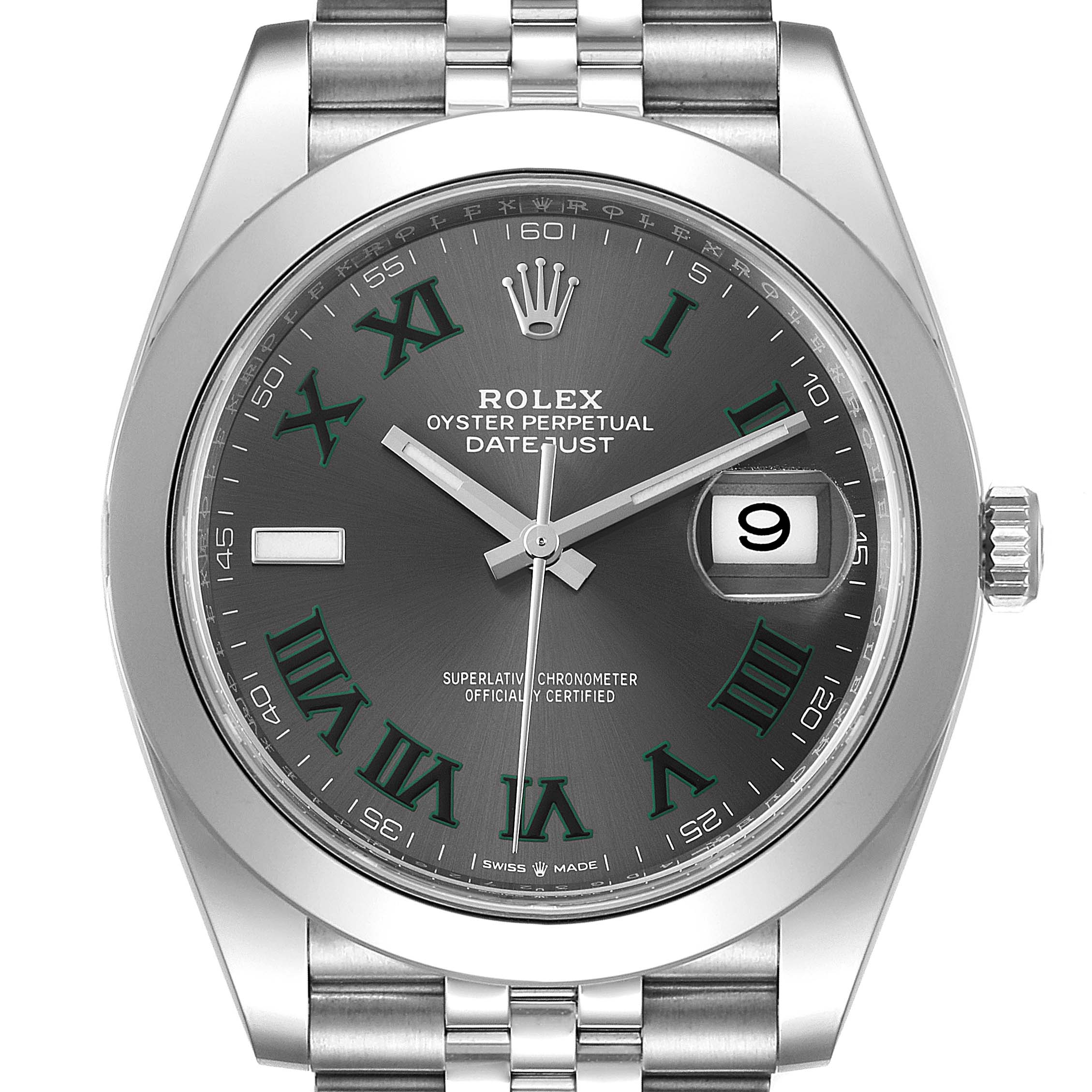 This image shows a front view of the Rolex Datejust 41 126300 Men
s Stainless Steel Grey Dial 126300 Men
s Stainless Steel Grey Dial watch, highlighting the dial, hands, bezel, crown, and bracelet.