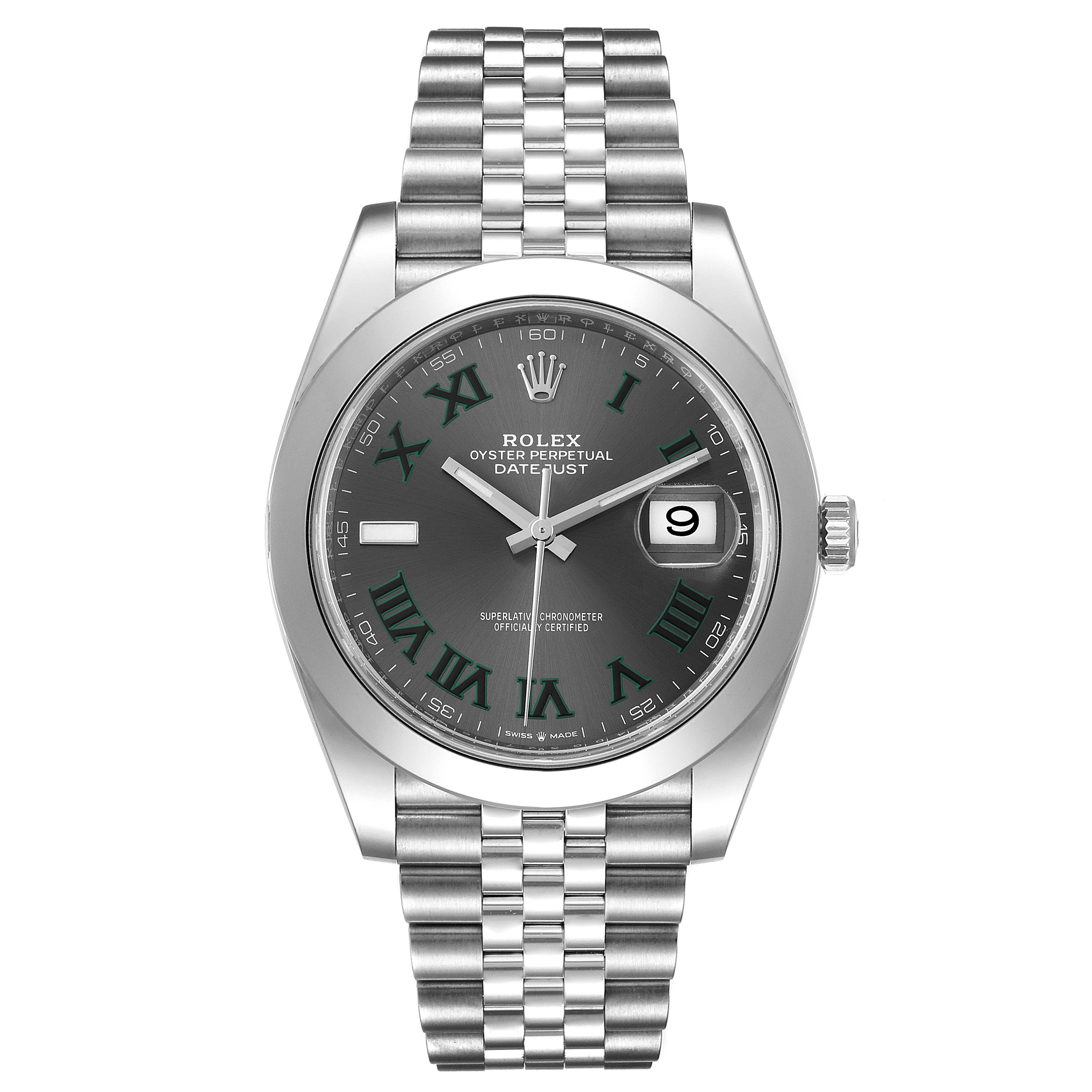 The image shows a front view of the Rolex Datejust 41 126300 Men
s Stainless Steel Grey Dial 126300 Men
s Stainless Steel Grey Dial watch, highlighting the bracelet, dial, bezel, and date window.