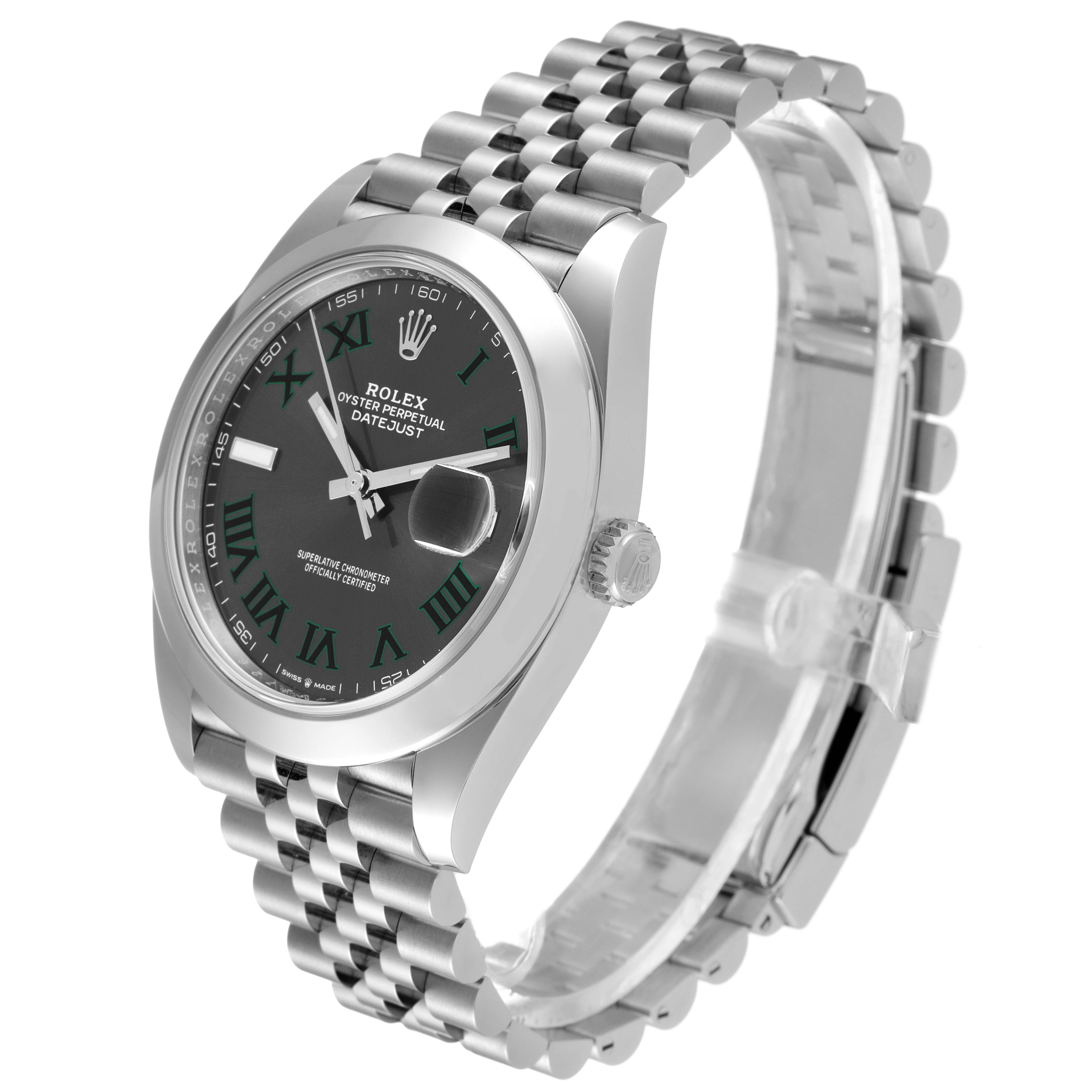 This image shows a Rolex Datejust 41 126300 Men
s Stainless Steel Grey Dial 126300 Men
s Stainless Steel Grey Dial watch at a three-quarter angle, highlighting the face, bezel, crown, and bracelet.