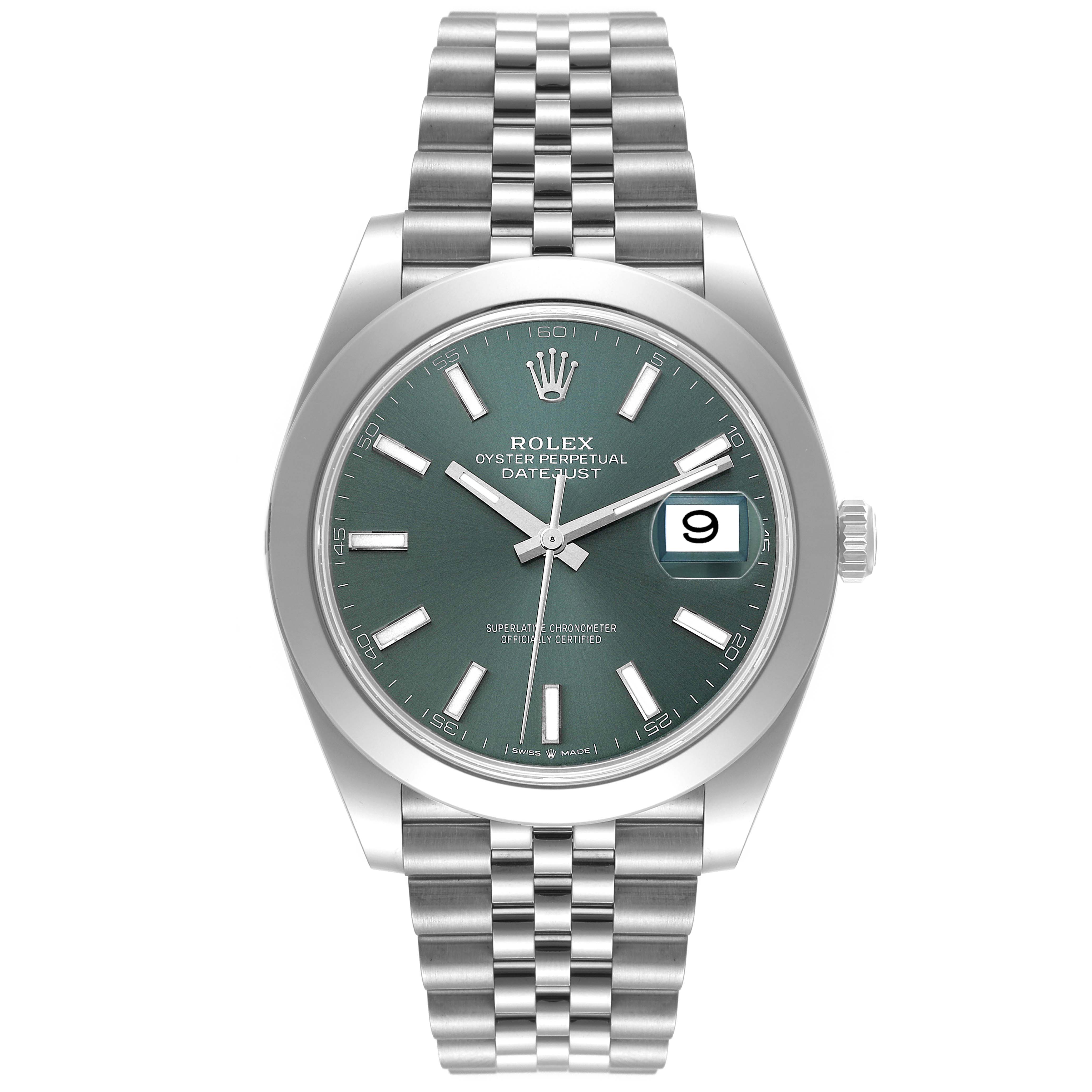 The image shows a frontal view of the Rolex Datejust 41 126300 Men
s Stainless Steel Green Dial 126300 Men
s Stainless Steel Green Dial, highlighting its green dial, date window, and Jubilee bracelet.