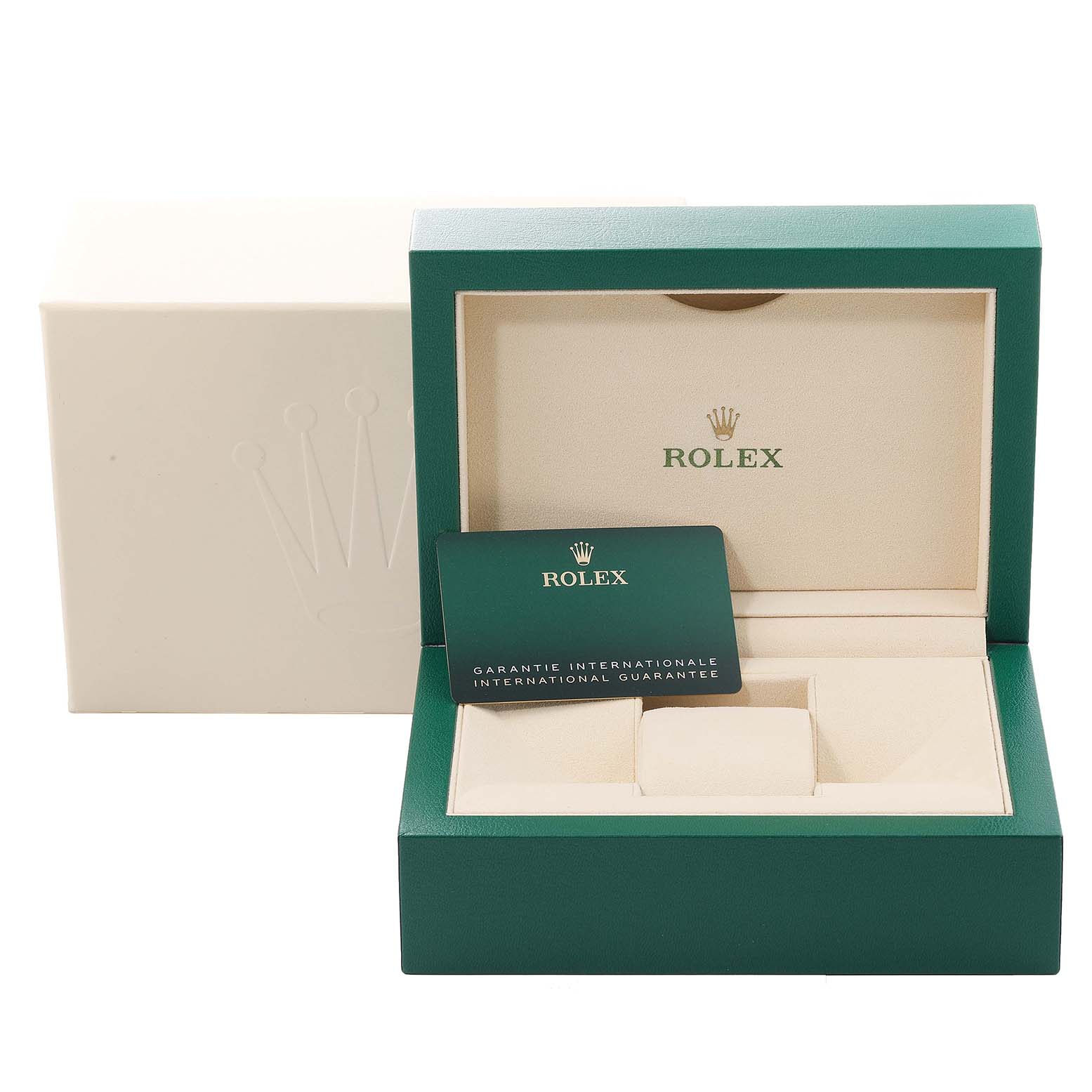 The image shows the open box with the Rolex Datejust 41 126300 Men
s Stainless Steel Green Dial 126300 Men
s Stainless Steel Green Dial model watch accessories, including the warranty card.