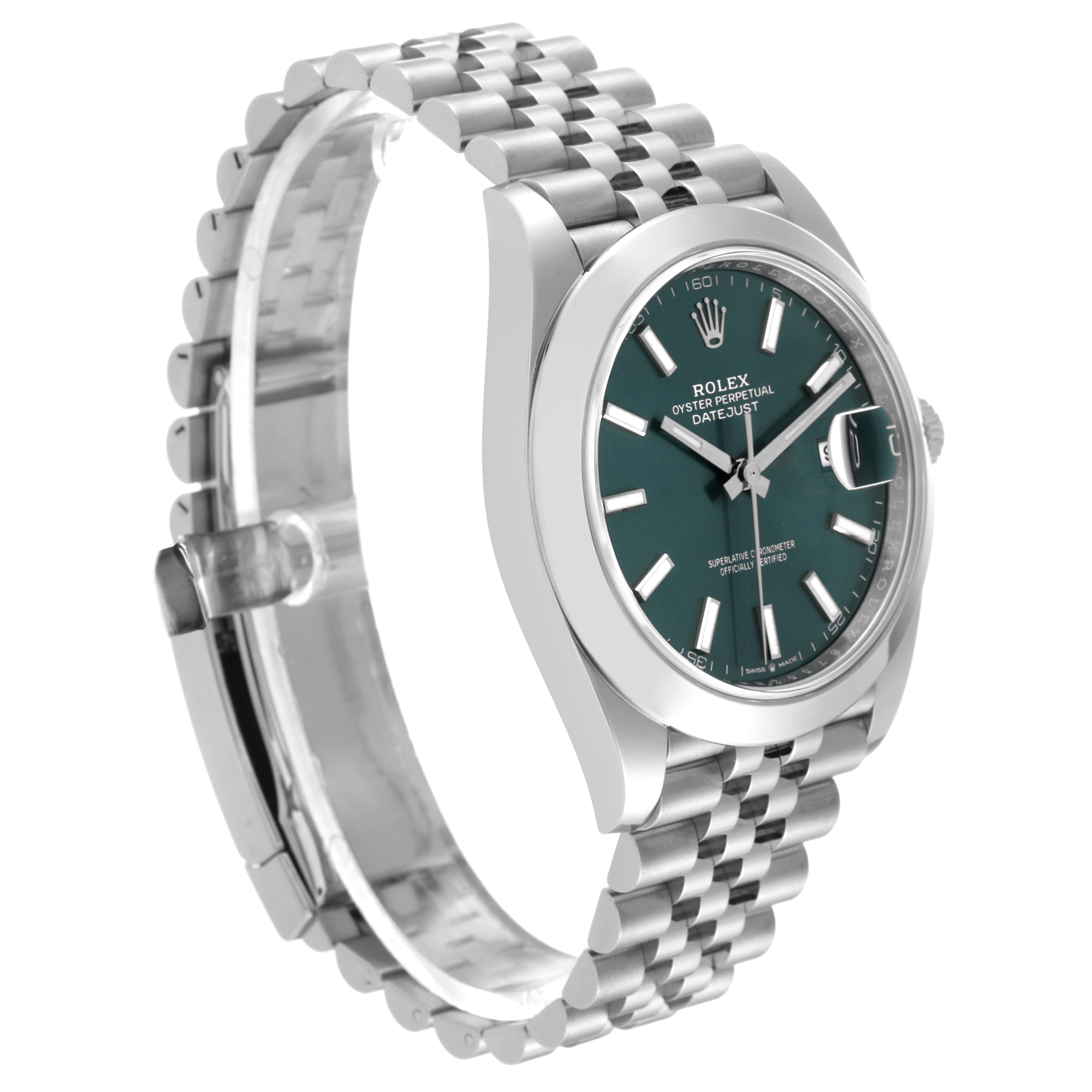This image shows a side angle of the Rolex Datejust 41 126300 Men
s Stainless Steel Green Dial 126300 Men
s Stainless Steel Green Dial, highlighting its bracelet, green dial, and case.