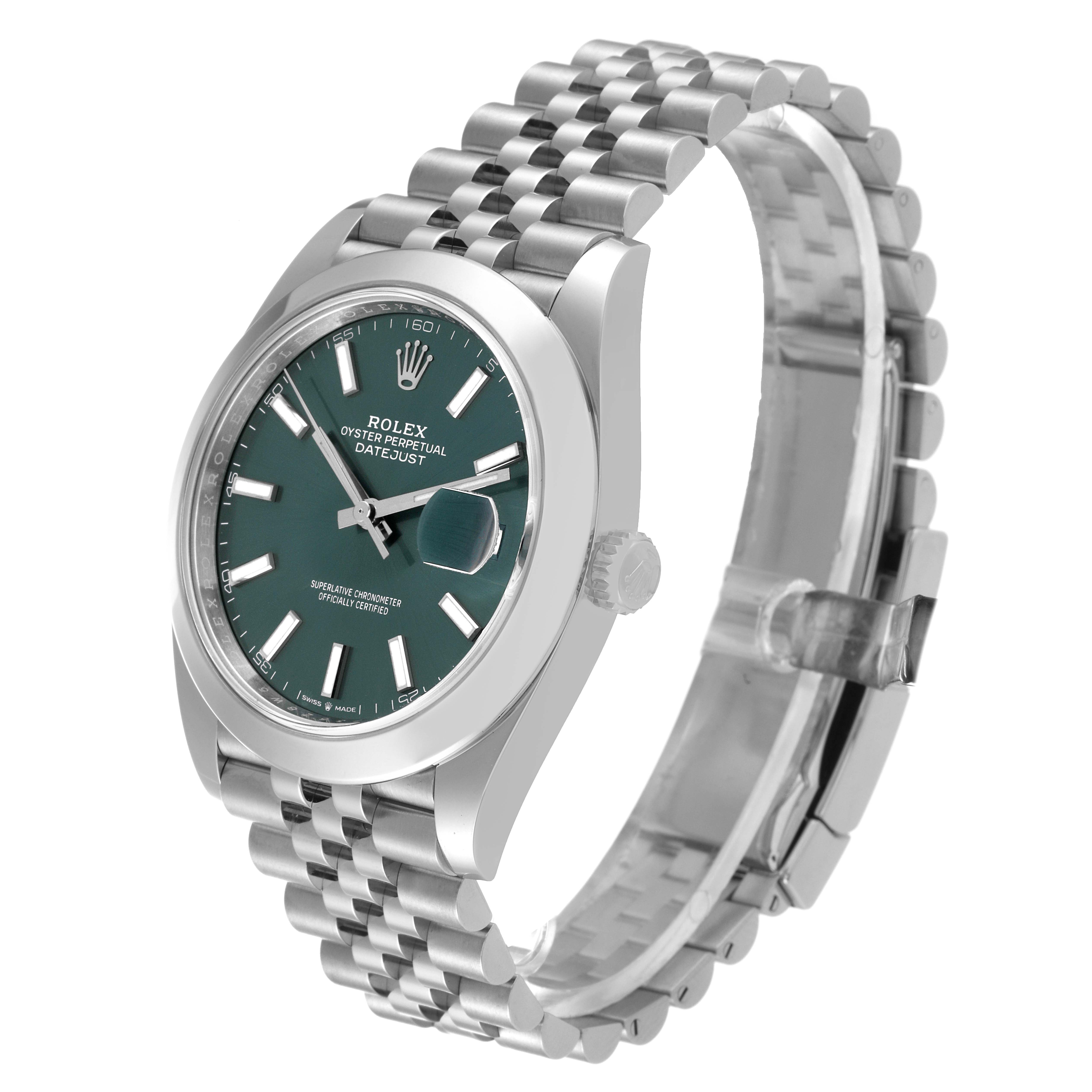 The Rolex Datejust 41 126300 Men
s Stainless Steel Green Dial 126300 Men
s Stainless Steel Green Dial watch is shown at an angled view, displaying its green dial, bezel, and jubilee bracelet.
