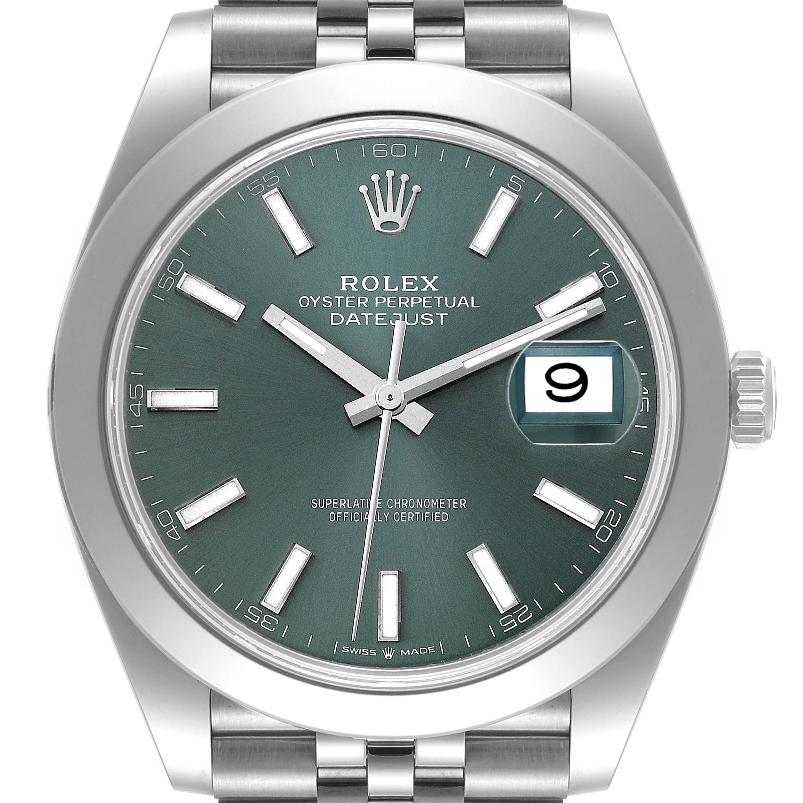 The image shows a front view of the Rolex Datejust 41 126300 Men
s Stainless Steel Green Dial 126300 Men
s Stainless Steel Green Dial, displaying its green dial, metal bracelet, and date window at 3 o
clock.