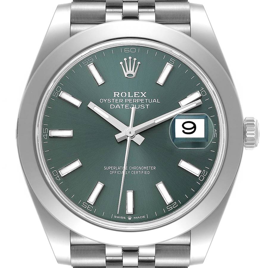 Rolex Datejust 41 Mint Green Dial Smooth Bezel Steel Mens Watch 126300 Box Card SwissWatchExpo