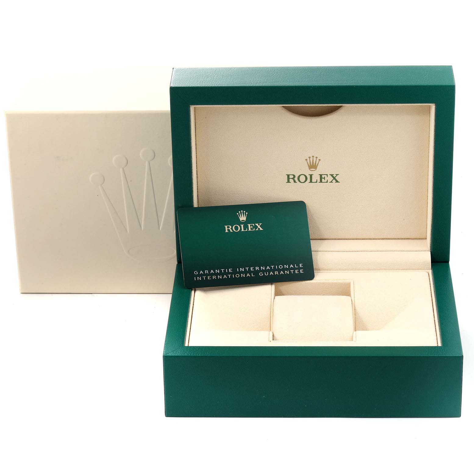 The image shows the Rolex Datejust 41 126334 Men's Stainless Steel Blue Dial 126334 Men's Stainless Steel Blue Dial packaging box, including an empty green and beige watch case and an international guarantee card.