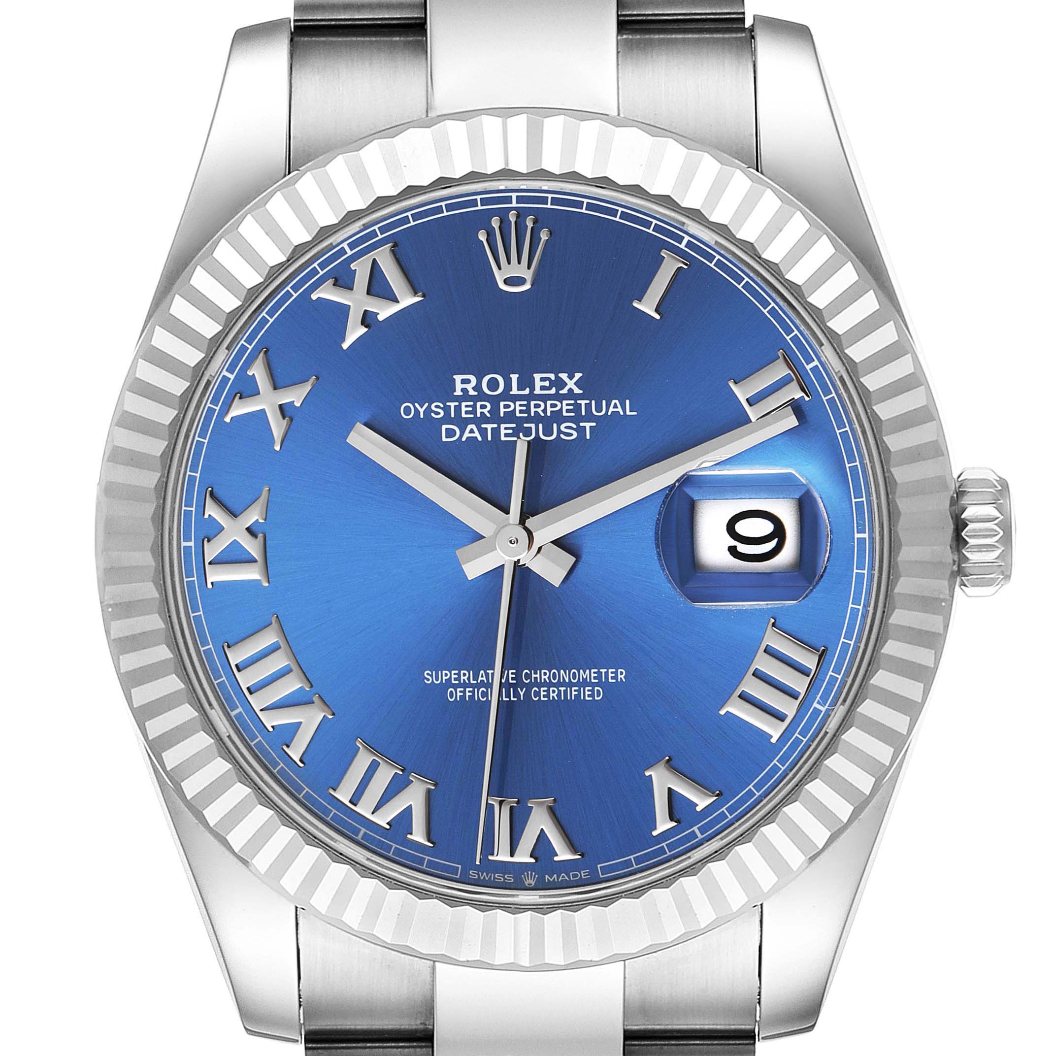 This image shows a front view of the Rolex Datejust 41 126334 Men's Stainless Steel Blue Dial 126334 Men's Stainless Steel Blue Dial, featuring a blue dial with Roman numerals, date window, and fluted bezel.