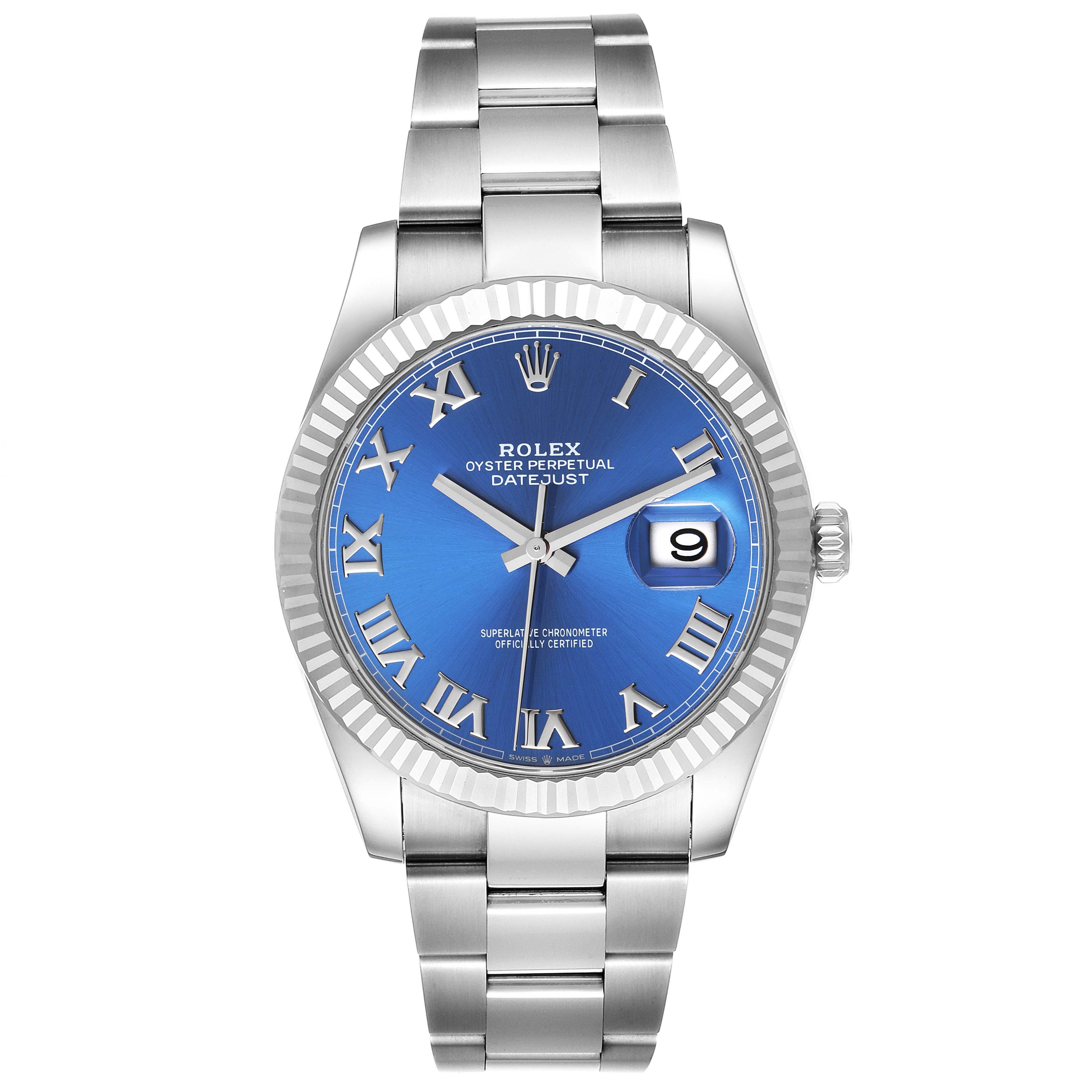 This is a front view of a Rolex Datejust 41 126334 Men's Stainless Steel Blue Dial 126334 Men's Stainless Steel Blue Dial watch showcasing its blue dial, fluted bezel, and stainless steel bracelet.