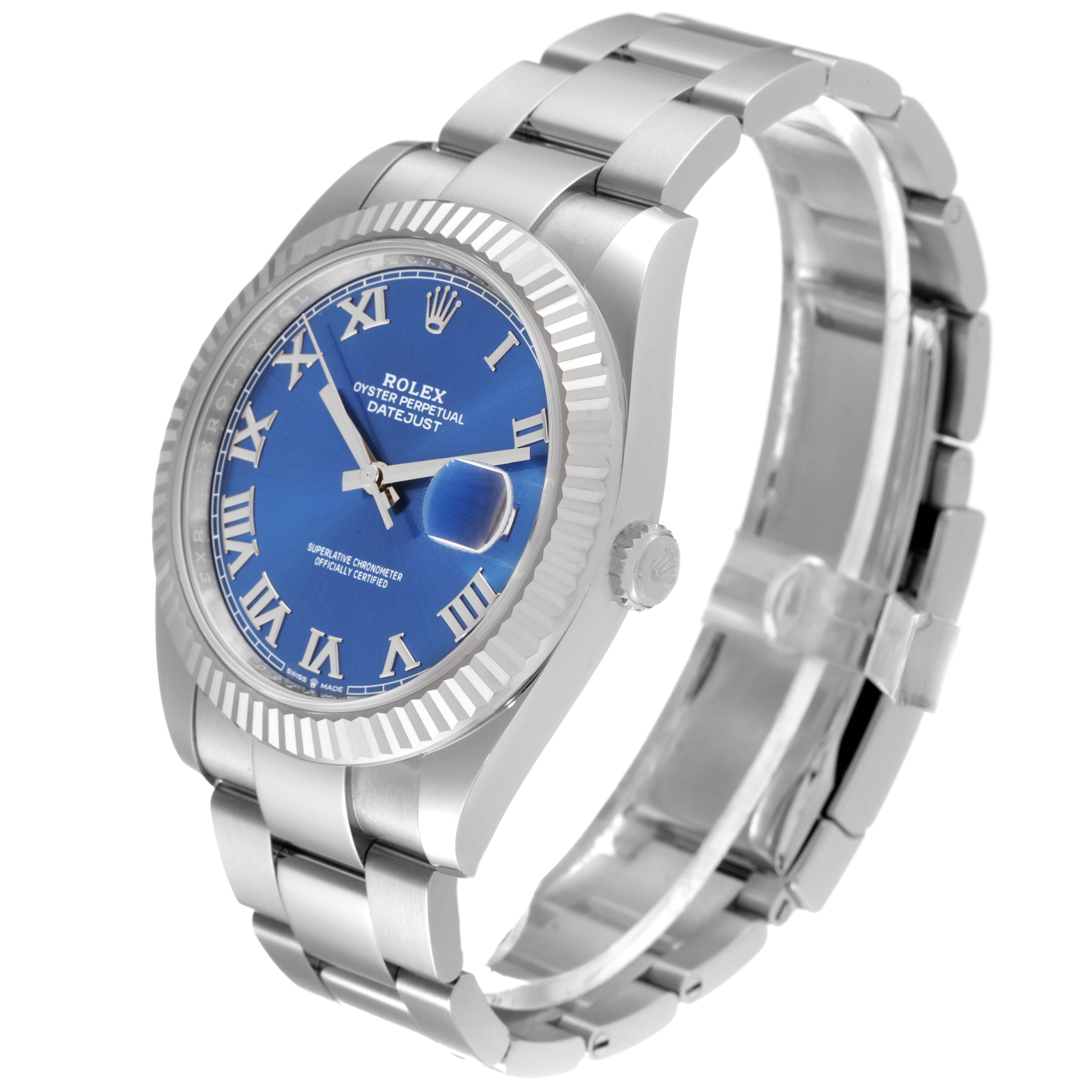 The image shows a Rolex Datejust 41 126334 Men's Stainless Steel Blue Dial 126334 Men's Stainless Steel Blue Dial watch at a 3/4 angle, highlighting the dial, bezel, crown, and part of the bracelet.