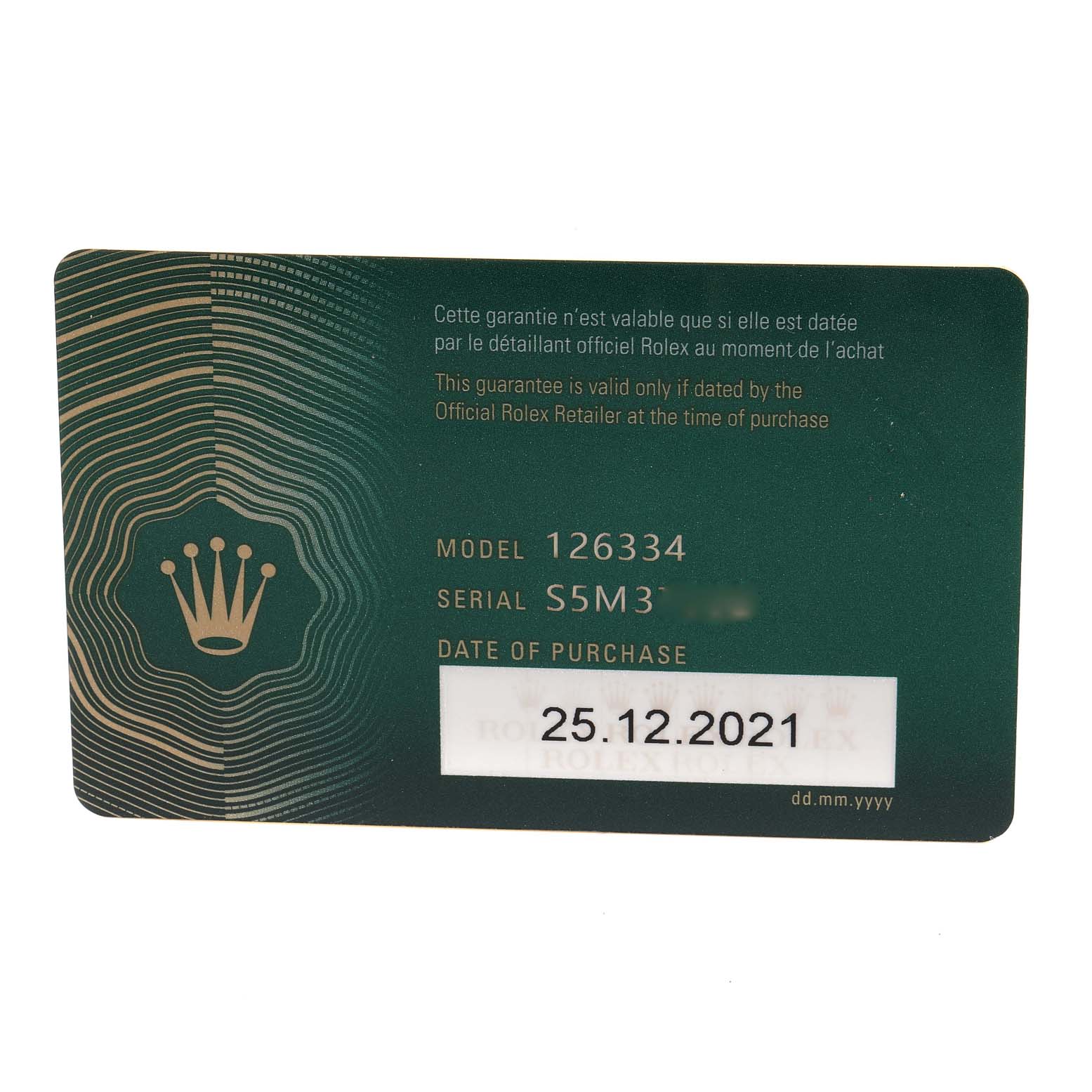 This is a warranty card for the Rolex Datejust 41 126334 Men's Stainless Steel Blue Dial 126334 Men's Stainless Steel Blue Dial model 126334, showing model number, serial number, and purchase date.